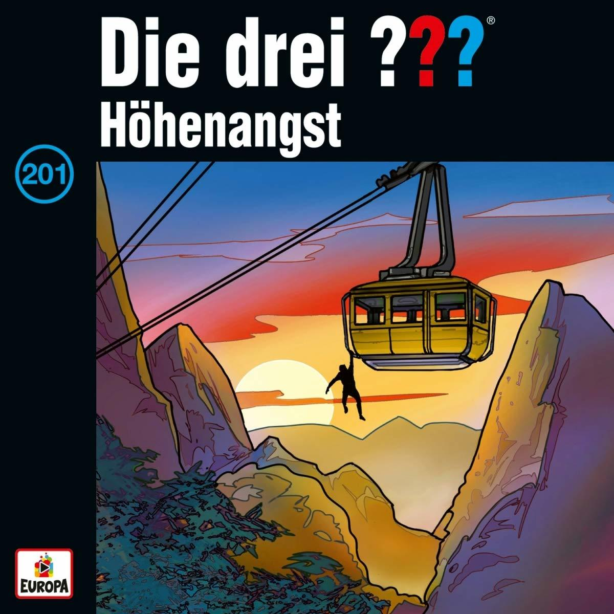 Cartoon-Illustration einer Seilbahn über Bergen. Ein Mann hängt an der Seilbahn. Sonnenuntergang im Hintergrund.