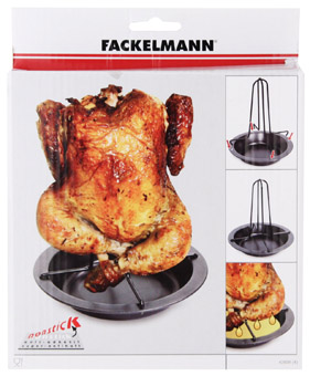 Gebratenes Huhn auf einem Ständer und drei Diagramme.