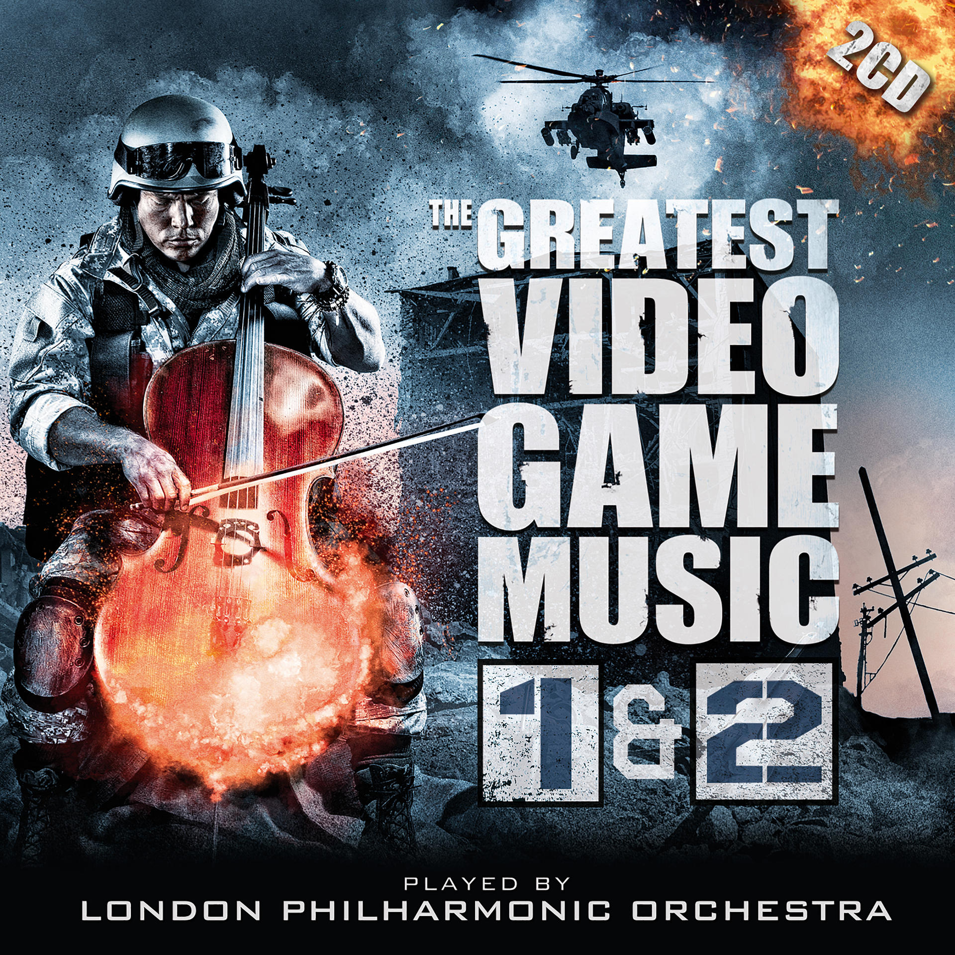Albumcover mit Soldat und Cello, Hubschrauber. Titel: The Greatest Video Game Music 1&2.