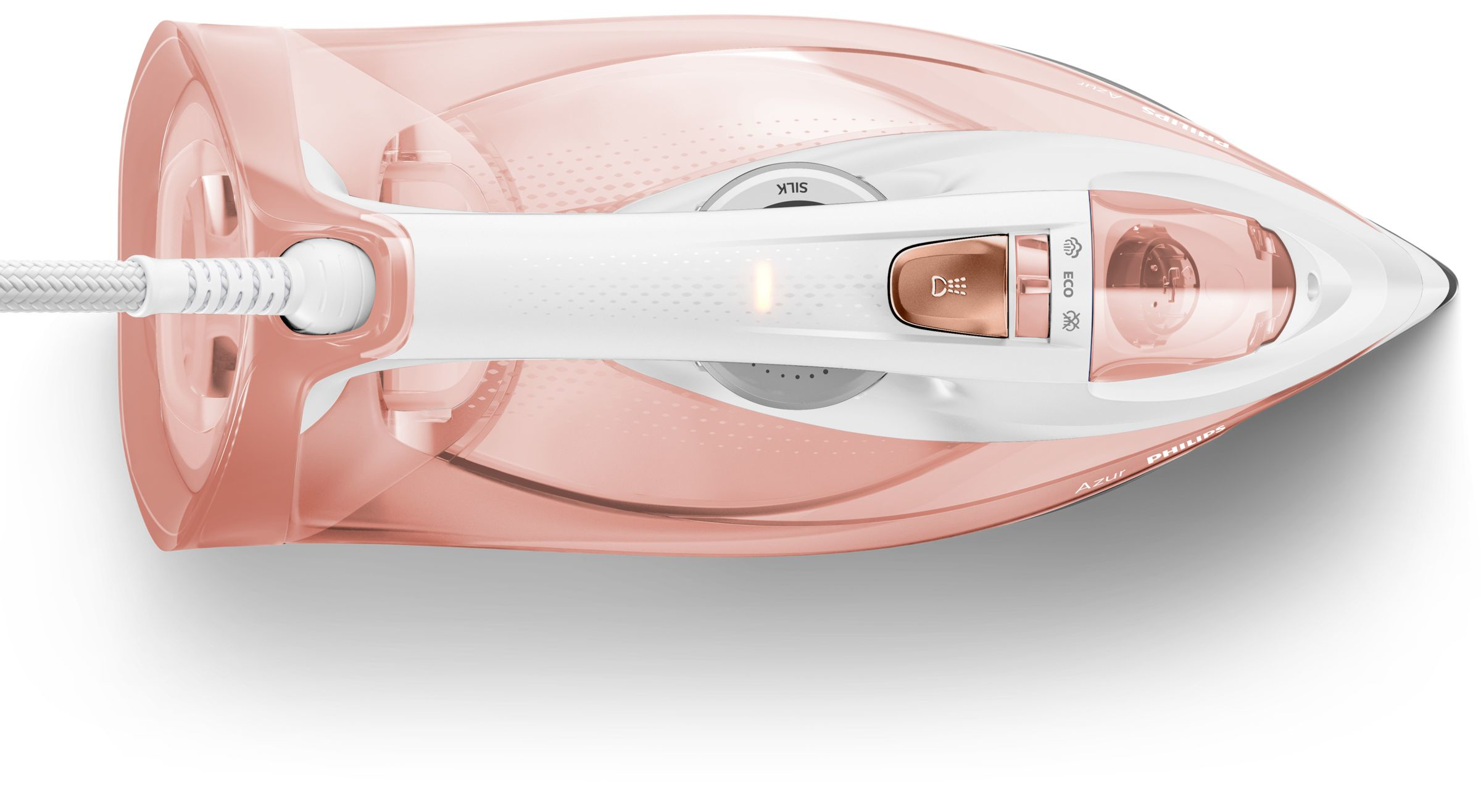 Beyaz detaylı gül altın rengi ütü, yukarıdan görünüm. 'Philips Azur' markası görünür.