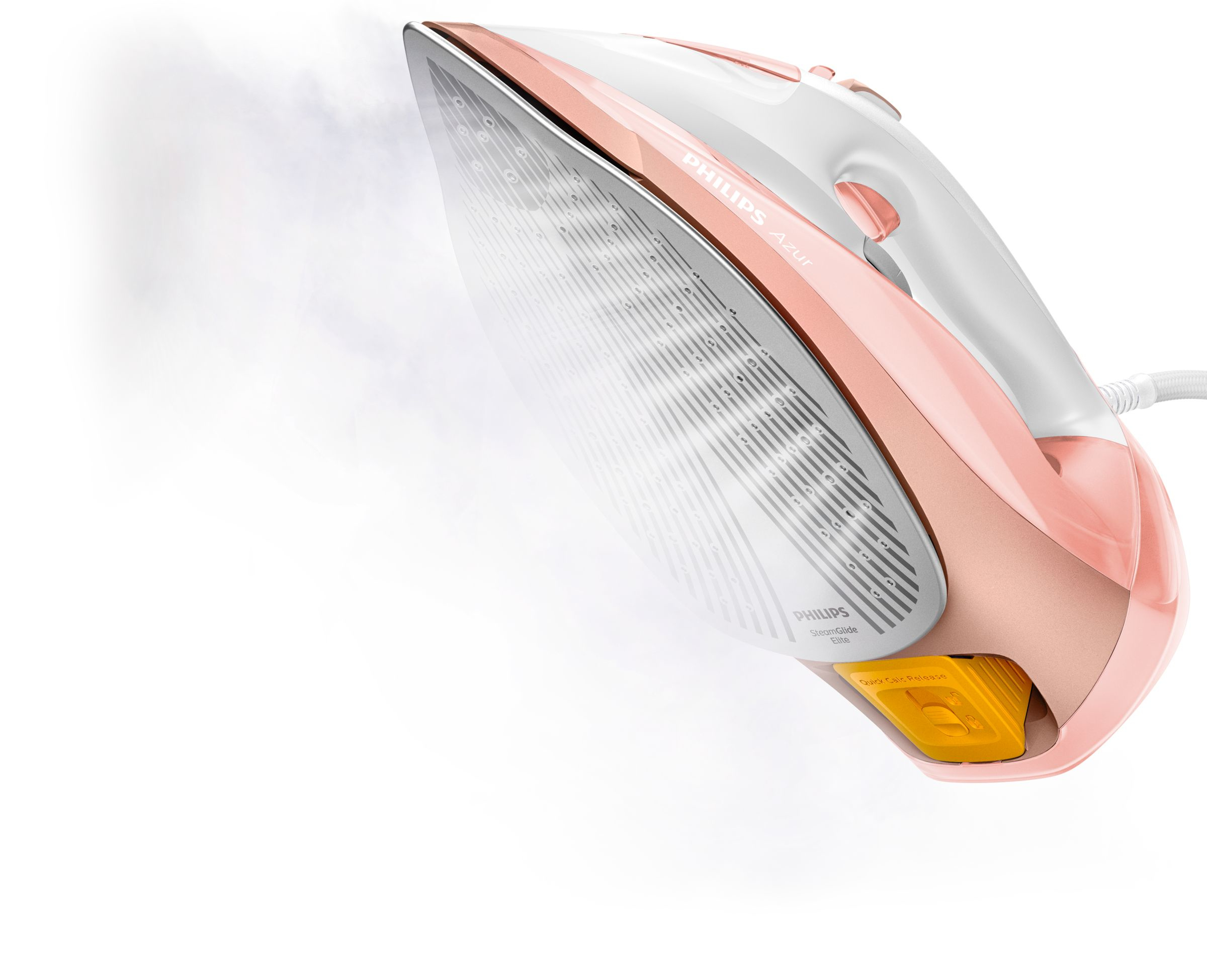 Buhar yayan beyaz ve pembe bir Philips Azur ütüsü. Ütü açılı bir konumda.