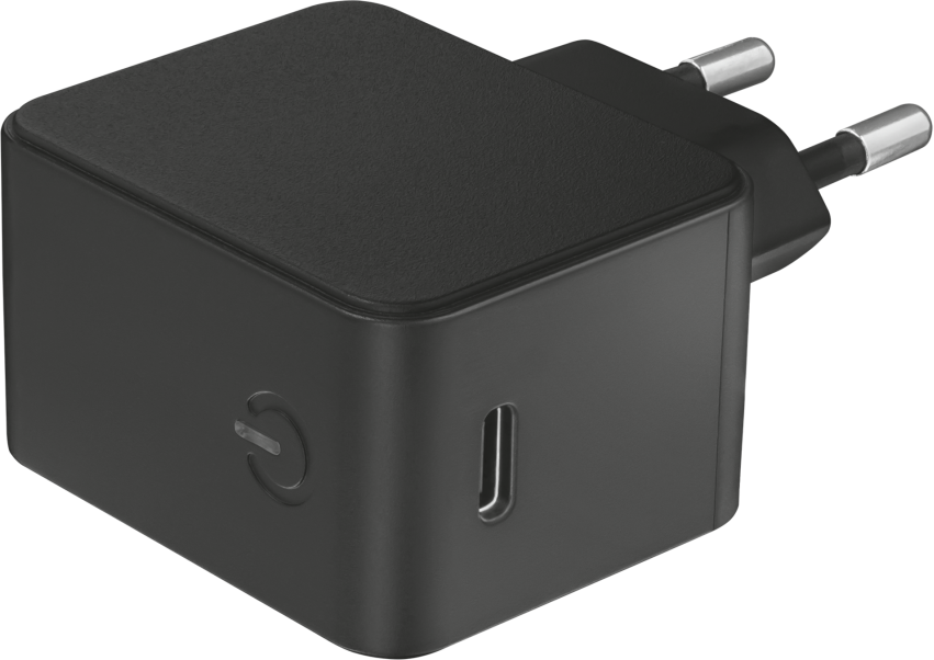 Egy fekete USB-töltő USB-C porttal és egy áramszimbólummal.