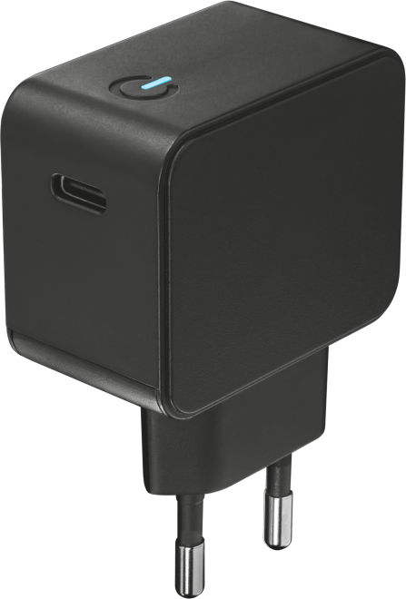 Fekete USB-C töltő kék fénnyel a tetején, EU-s dugóval, elegáns, modern dizájnnal.