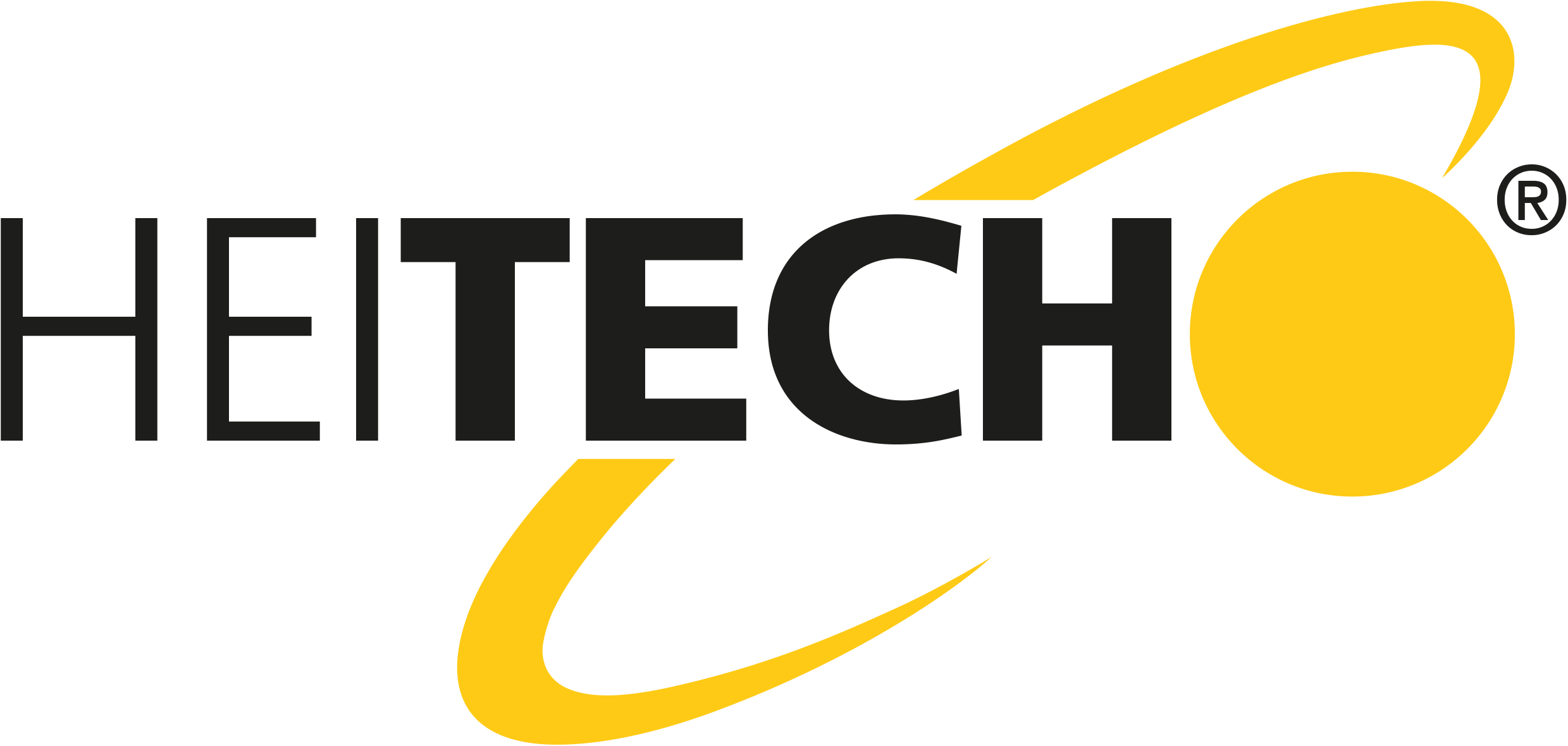 Logo Heitech. Czarny tekst HEITECH i żółty zakrzywiony kształt z żółtym okręgiem.