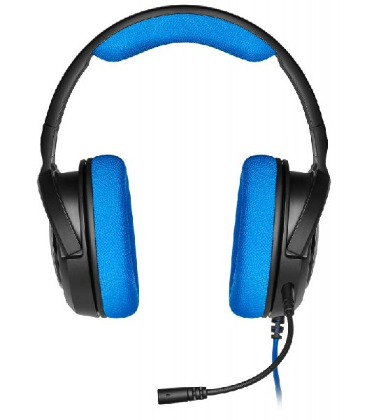 Auriculares azules y negros con micrófono.