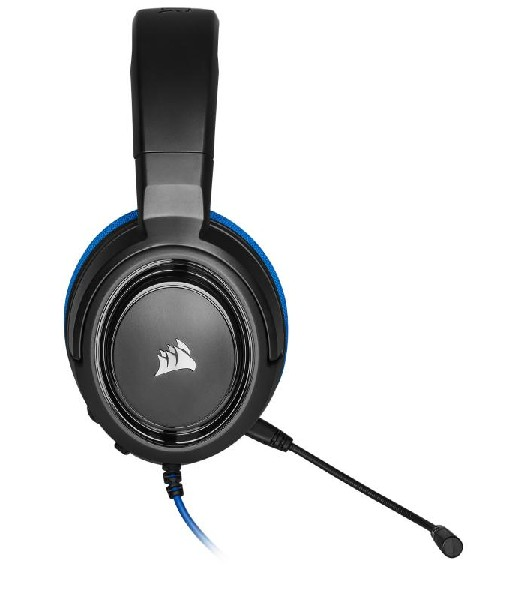 Auriculares gaming Corsair negros y azules con micrófono adjunto.