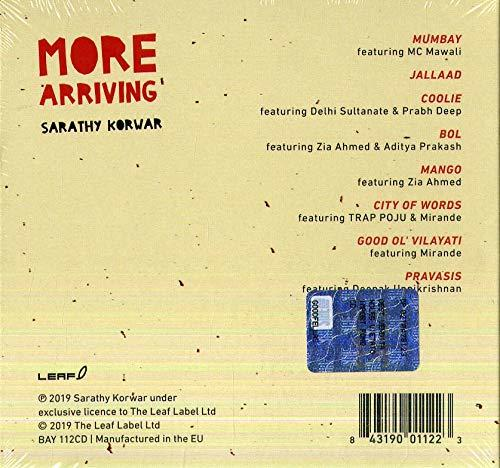 CD-Cover mit Text und Trackliste für Sarathy Korwars Album 'More Arriving'.