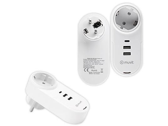 Cargador - Muvit MUACC0205 , Transformador 2 USB 2.4A, 12W + 1 Tipo C, PD, 18W, EU Plug, Blanco