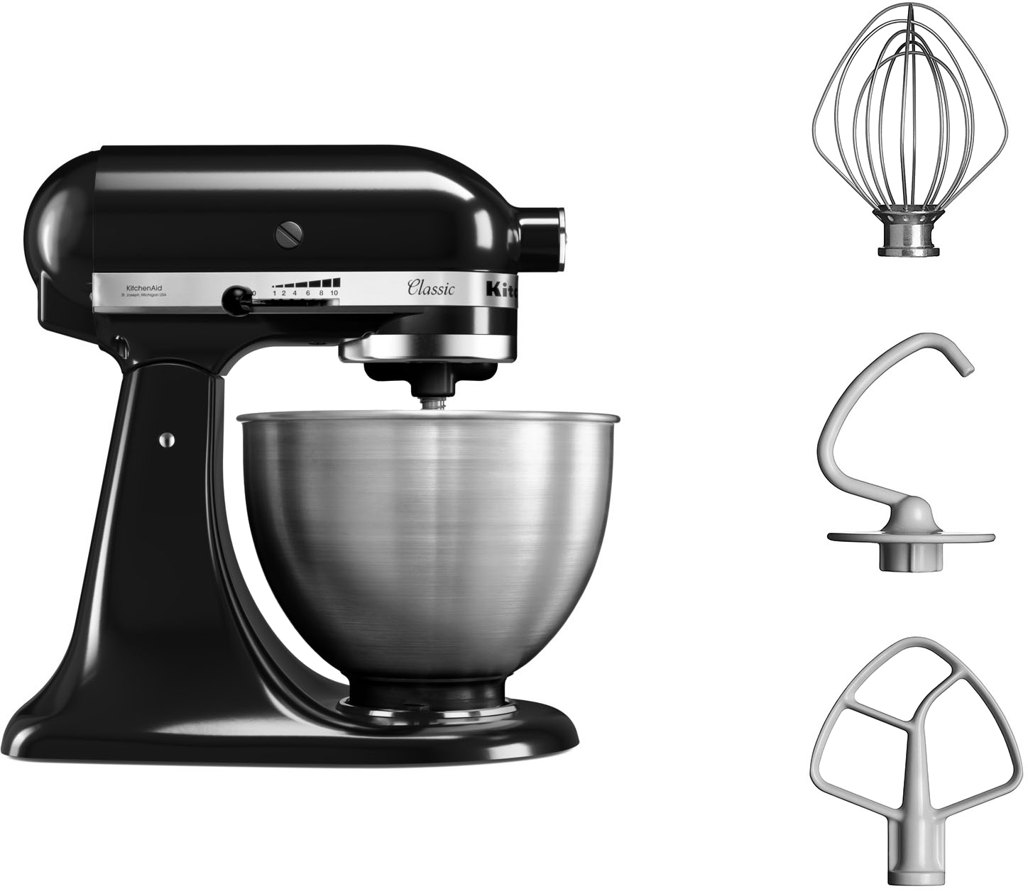 Un batteur sur socle KitchenAid noir avec un bol argenté. Comprend des accessoires : fouet, crochet pétrisseur et batteur.