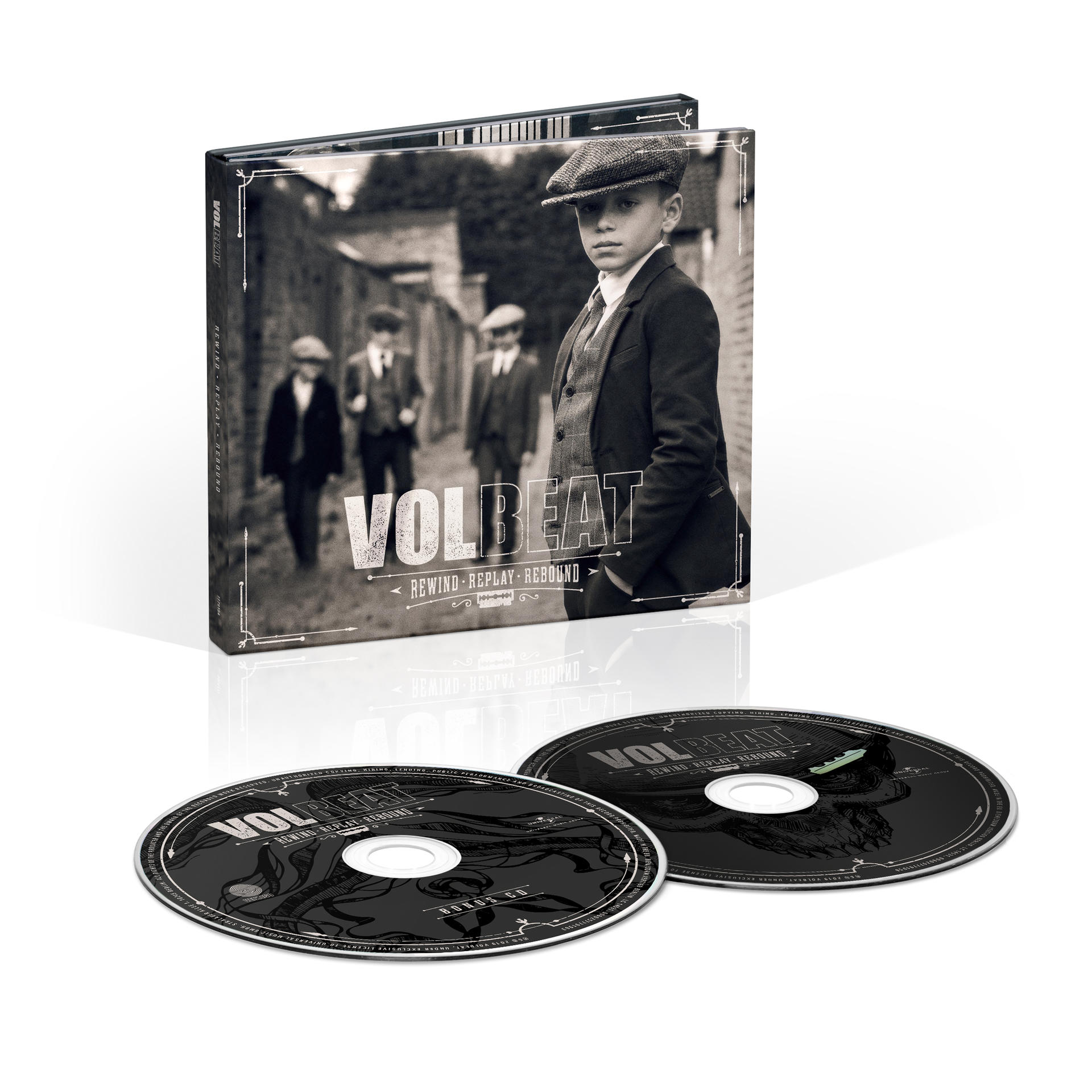 CD-Cover mit Volbeat-Albumcover. Ein junger Junge mit Schiebermütze im Vordergrund. Zwei CDs sind sichtbar.