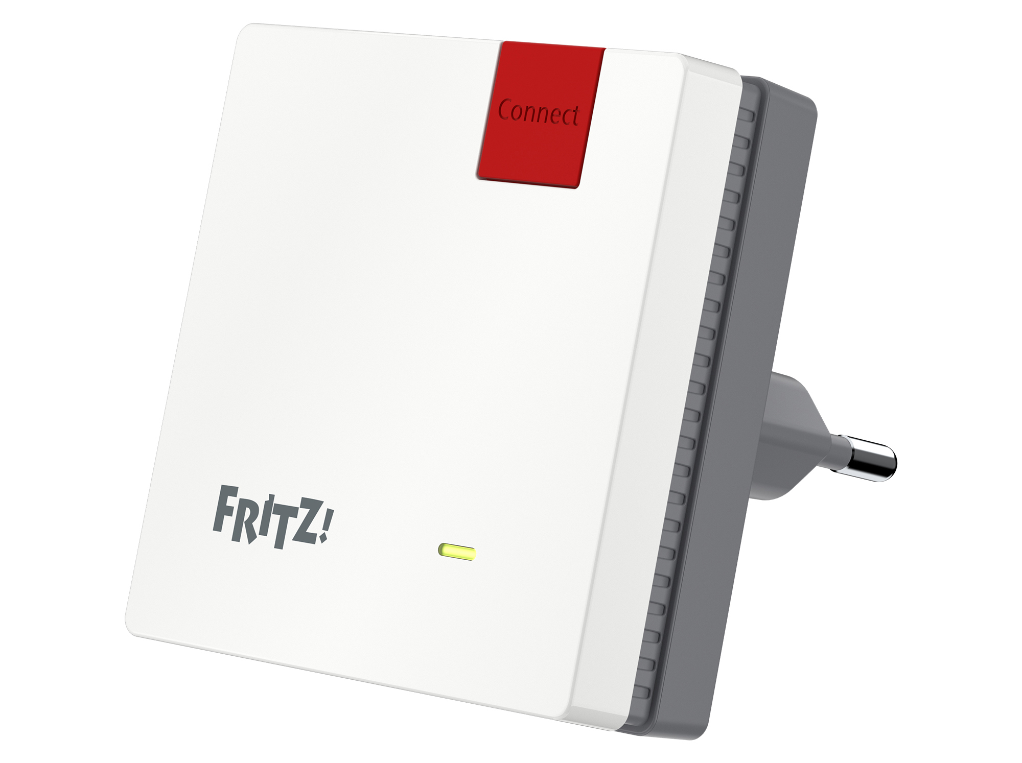 Weiß-graues Elektrogerät mit roter Taste „Connect“. Text: Fritz! Gerät hat Stecker.