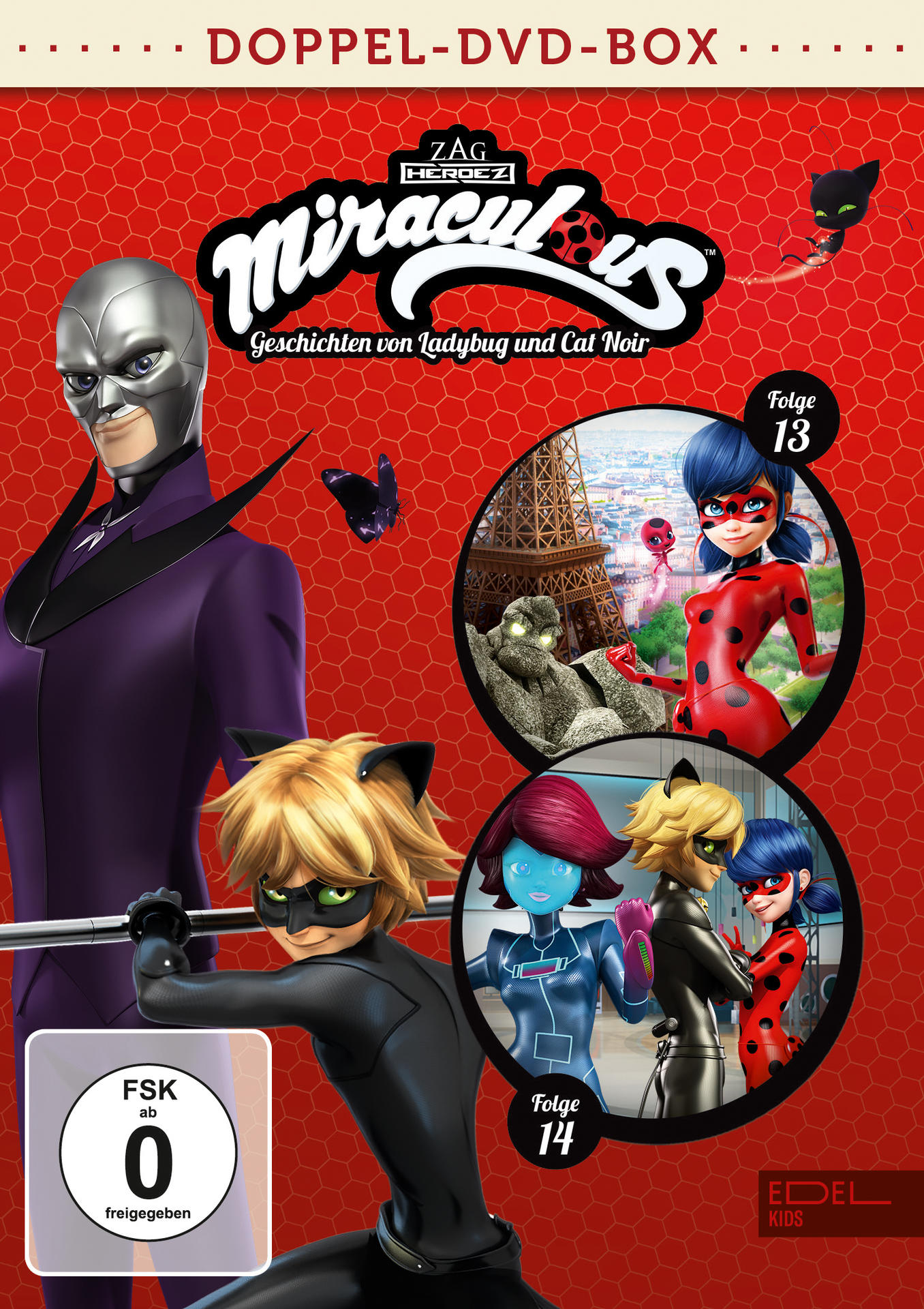 DVD-Cover: Charaktere aus 'Miraculous', Eiffelturm und Text 'Miraculous Stories'.