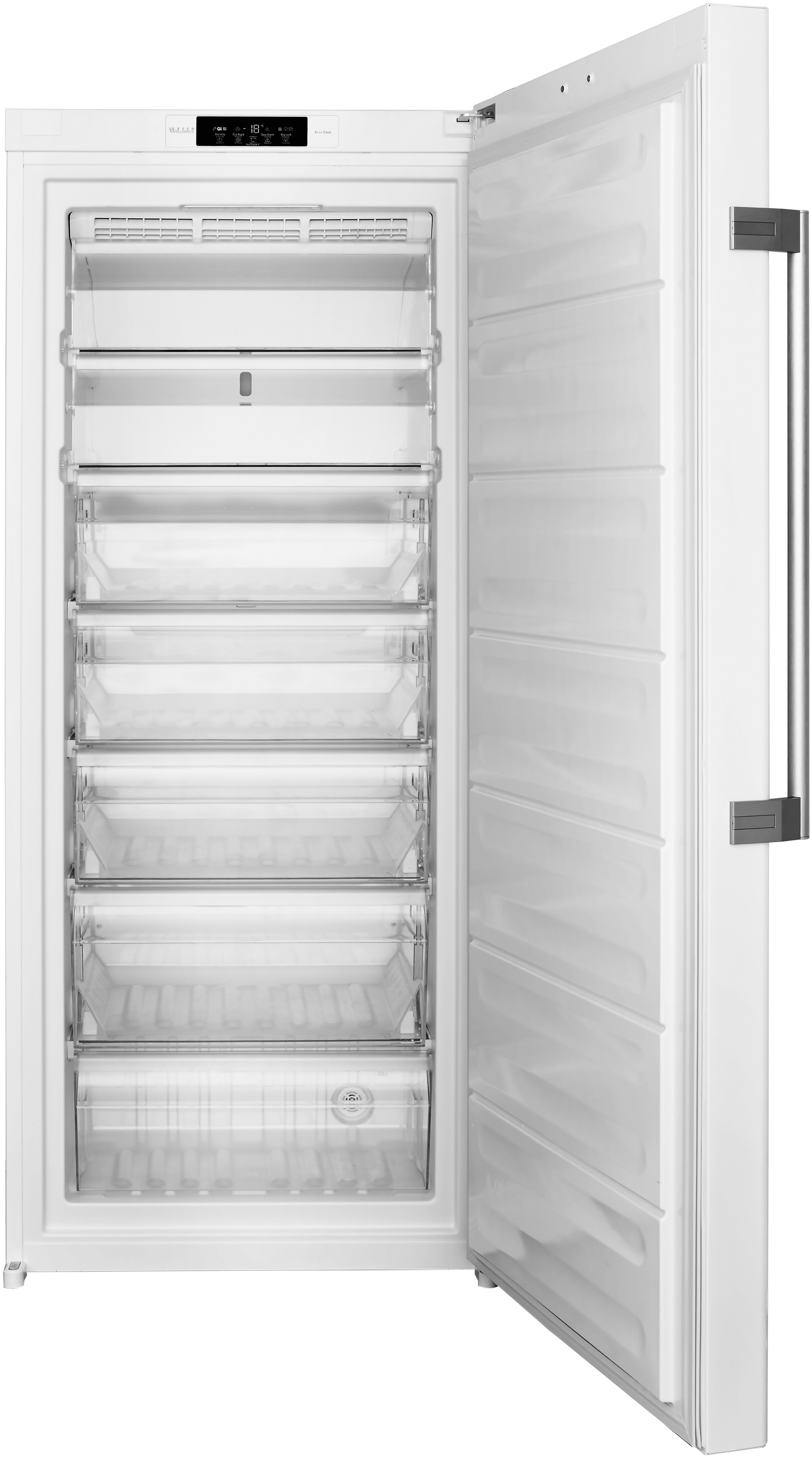 Weißer Gefrierschrank mit offener Tür, zeigt Schubladen und Regale, Edelstahlgriff.