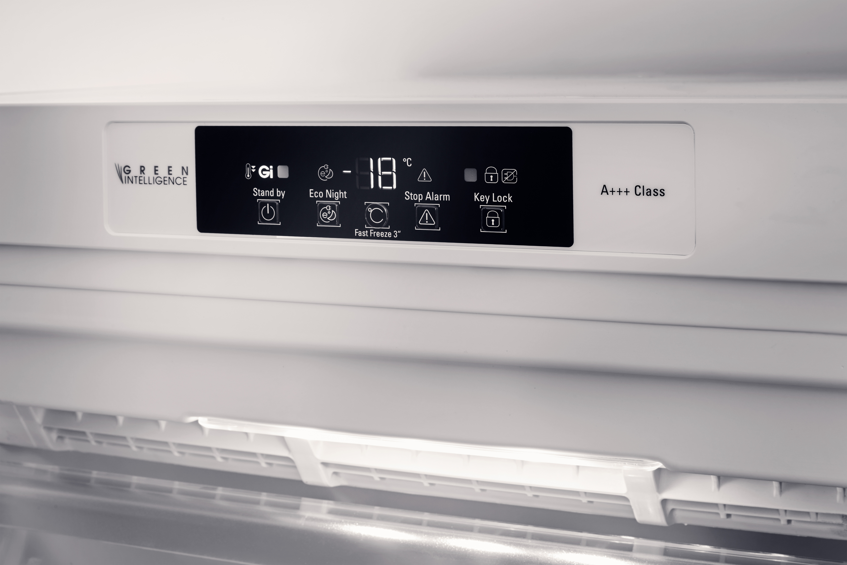Kühlschrank-Bedienfeld mit Digitalanzeige -18°C. Tasten für Standby, Eco, Stopp-Alarm, Key Lock.