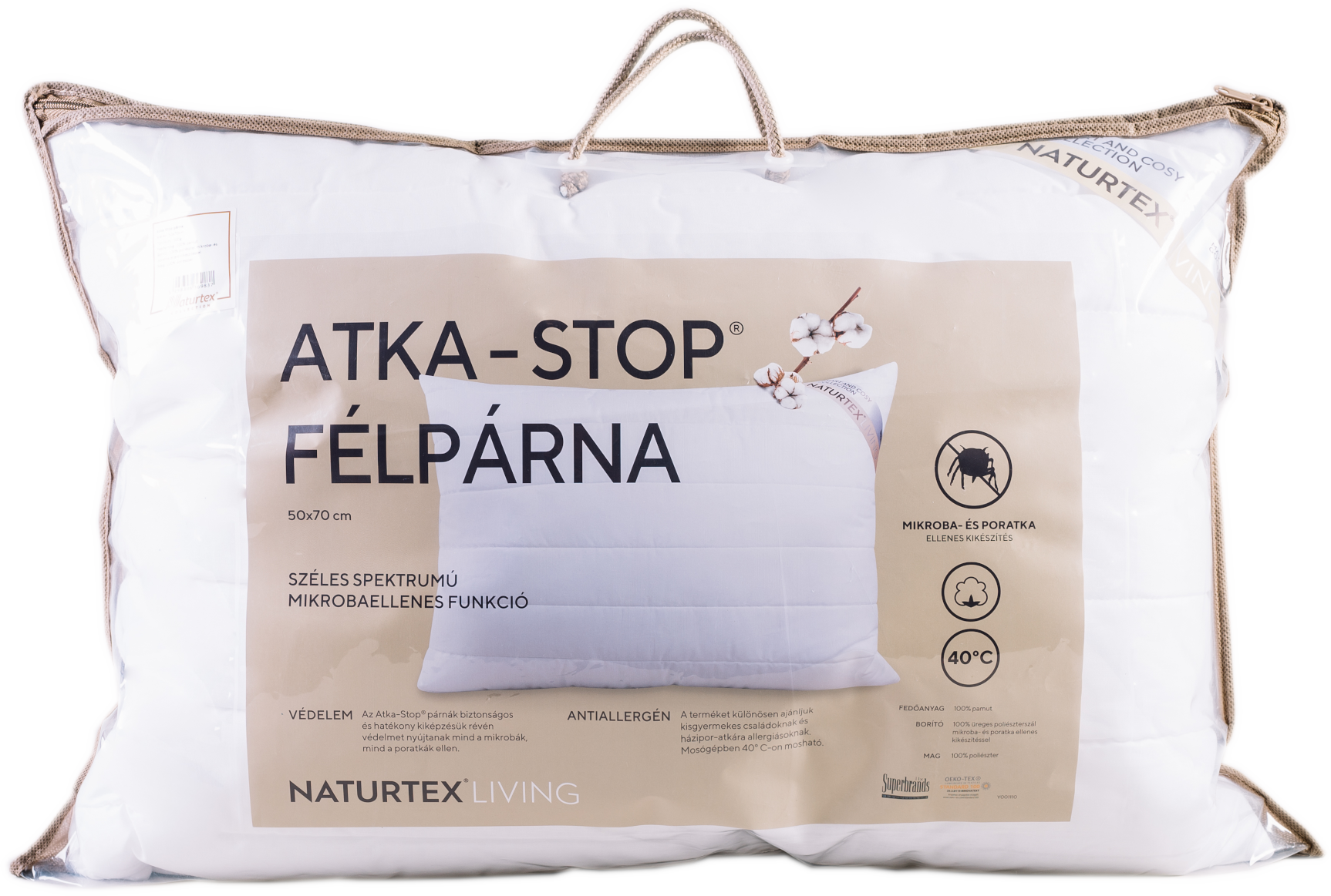 Párna műanyag zacskóban, a szöveg látható.