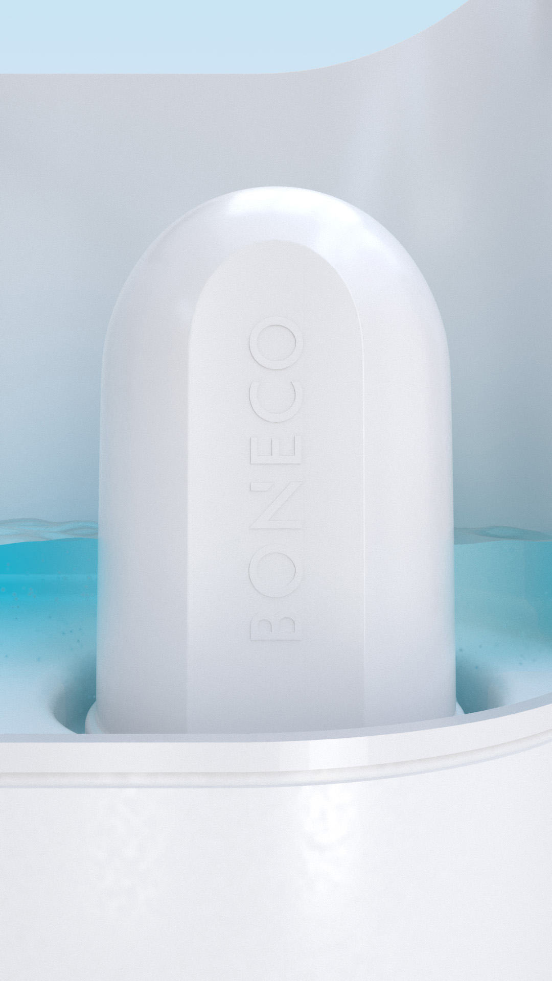Nahaufnahme eines weißen Luftbefeuchterfilters in Wasser. Der Markenname 'BONECO' ist sichtbar.