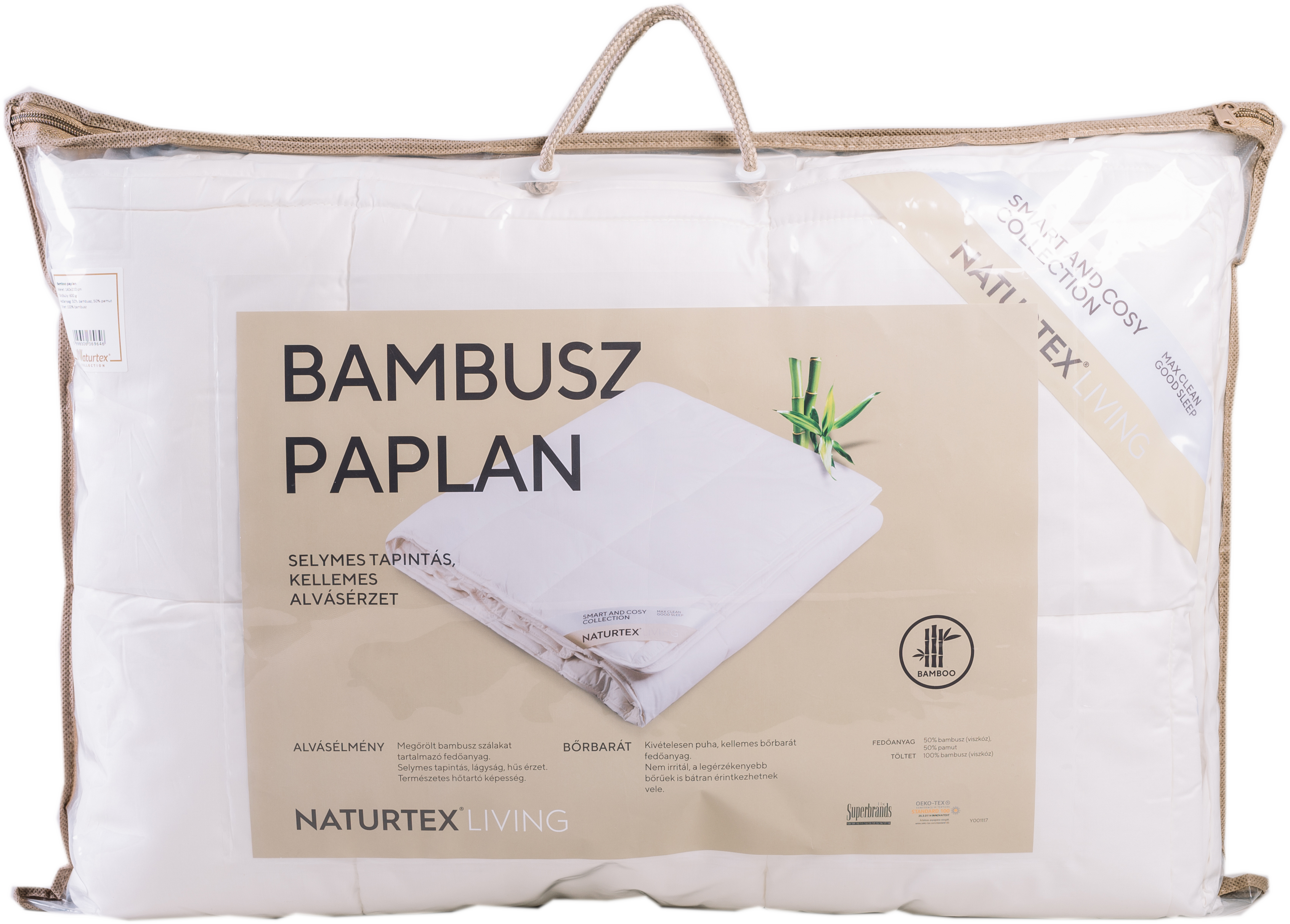 Egy csomagolt bambusz paplan, fehér, szöveggel és bambusz szár képével.