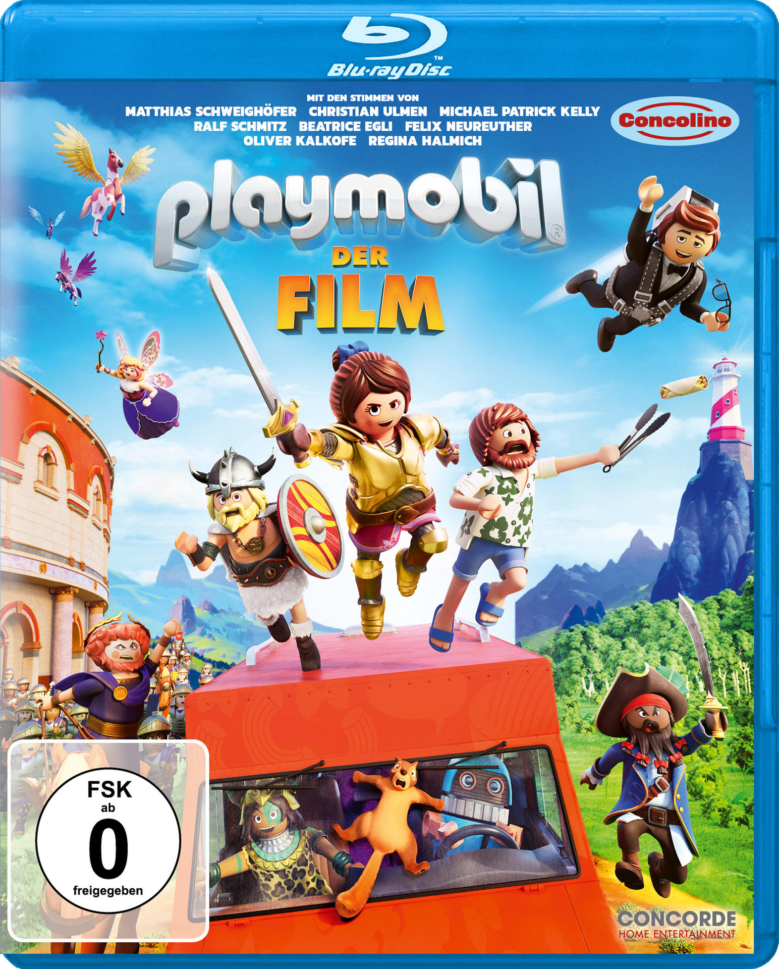 Playmobil-Filmcover. Charaktere sind in einem roten Bus. Verschiedene Figuren in Aktion.