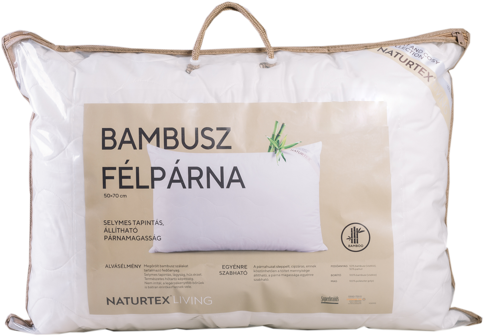 Egy párna átlátszó műanyag zacskóban, magyar nyelvű szöveggel, fekete háttéren.
