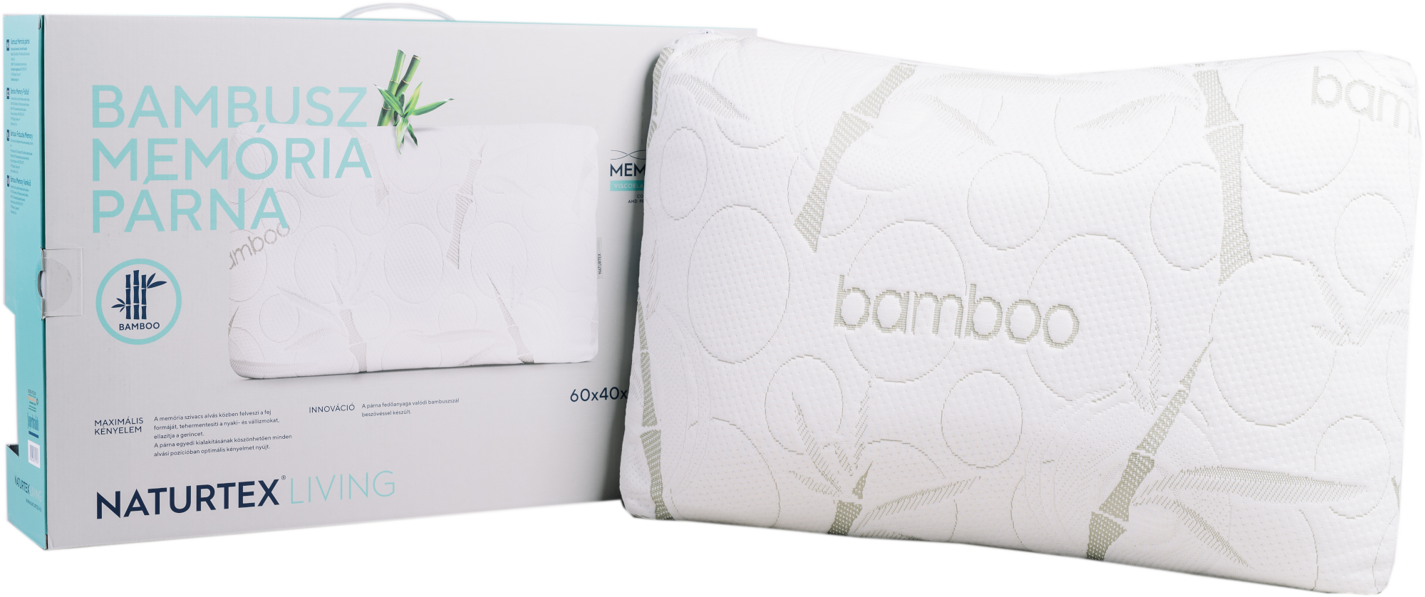 Fehér párna bambuszmintával és dobozzal. Szöveg: Bamboo Memoria Parna. A háttér fehér.