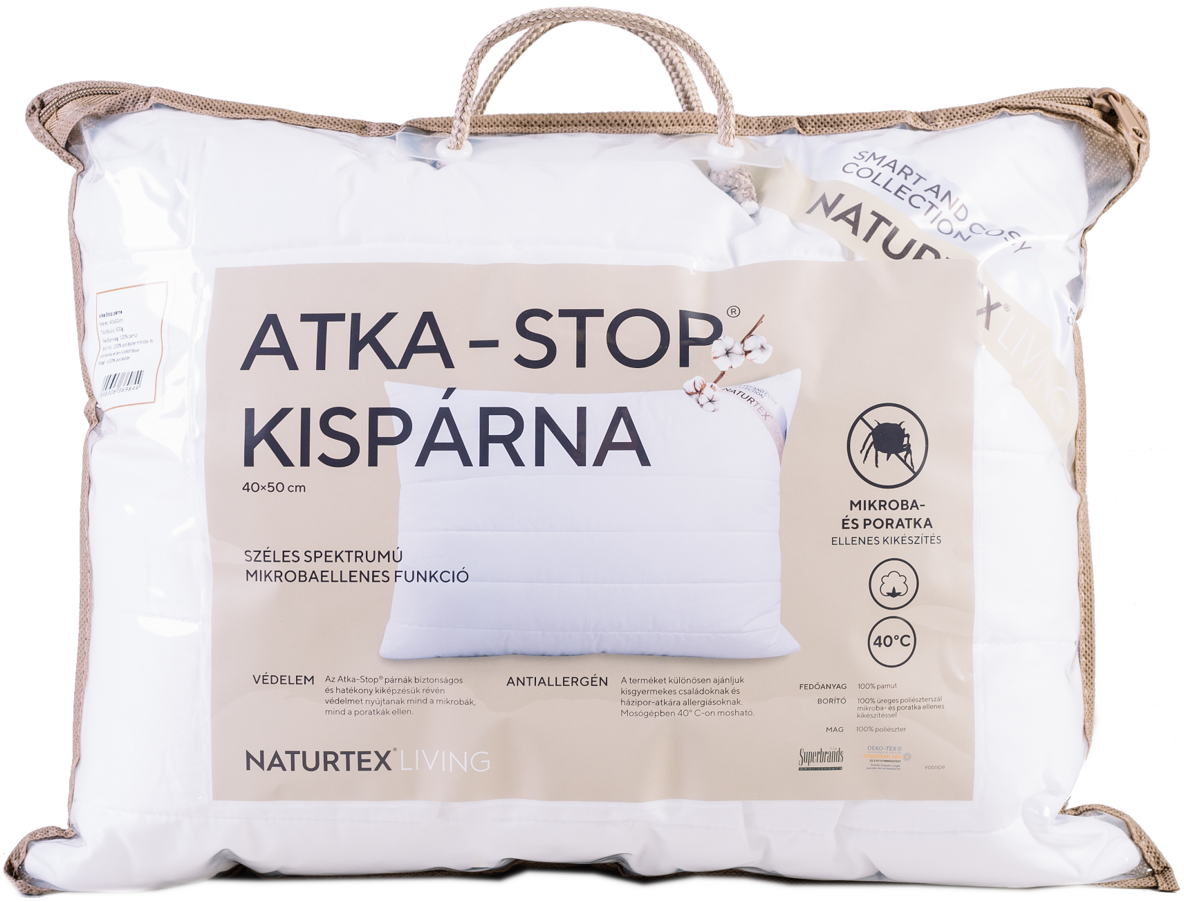 Párna átlátszó műanyagban. Szöveg: ATKA-STOP kispárna. Allergénmentes és mikrobiális.