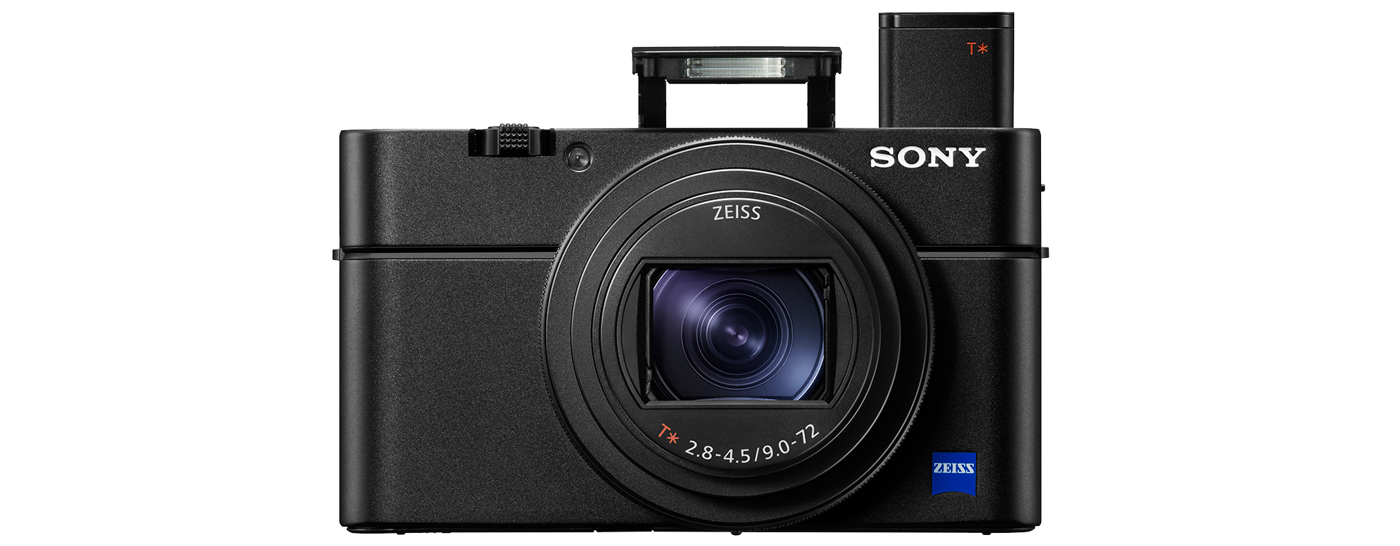 Schwarze Sony-Kamera mit ZEISS-Objektiv, gekennzeichnet mit 2.8-4.5/9.0-72 und Pop-up-Blitz.