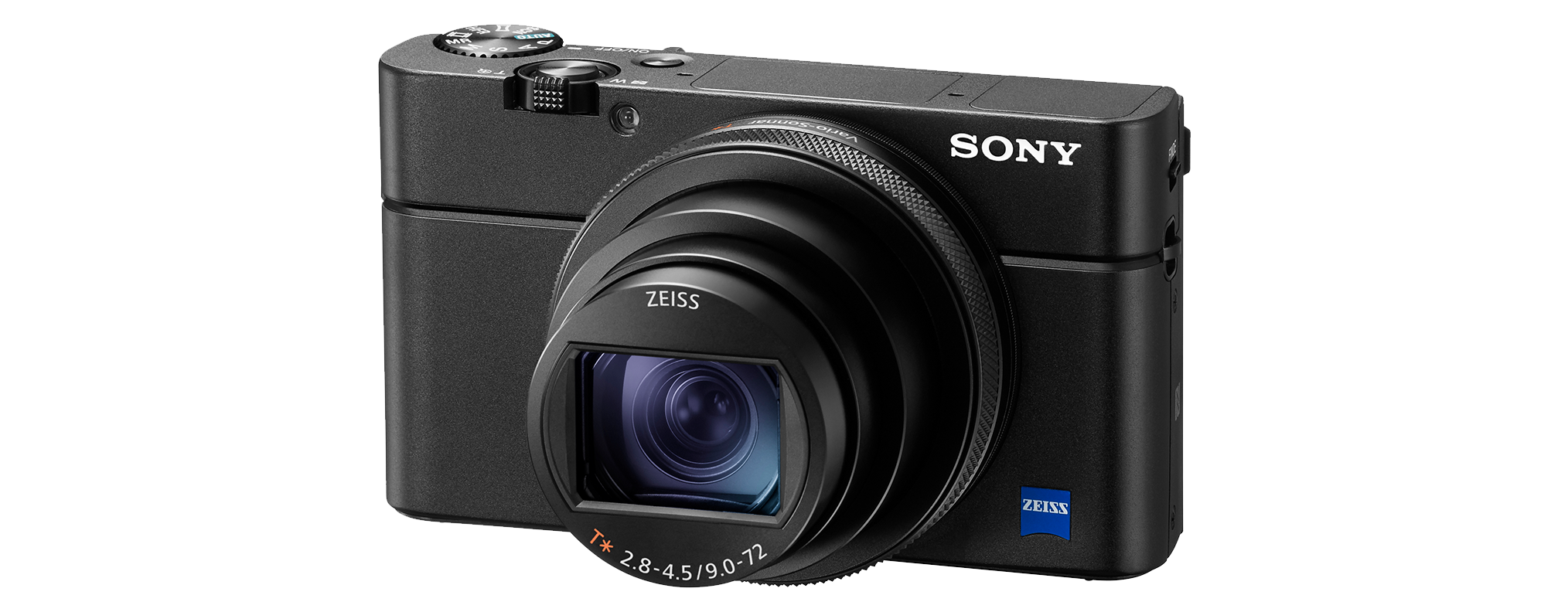 Black camera with a silver lens, a black strap, and a blue Zeiss logo. The camera is on a white background.