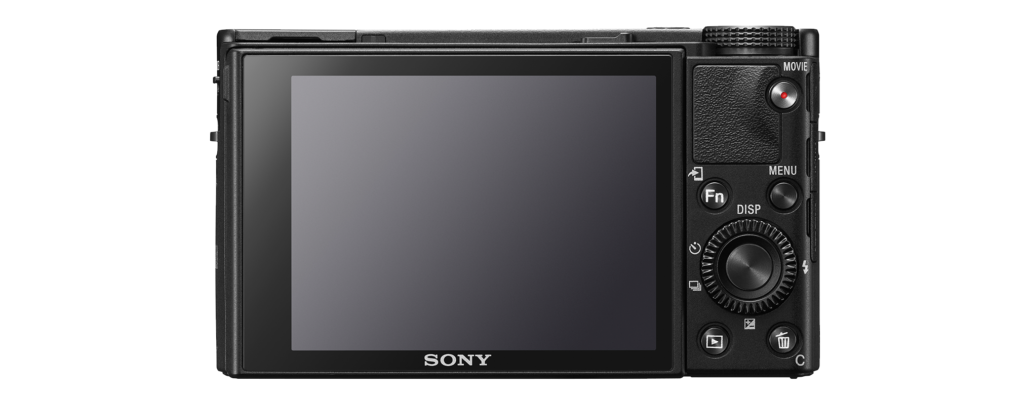 Back of a Sony camera with a screen, buttons, and control dial. Black background.