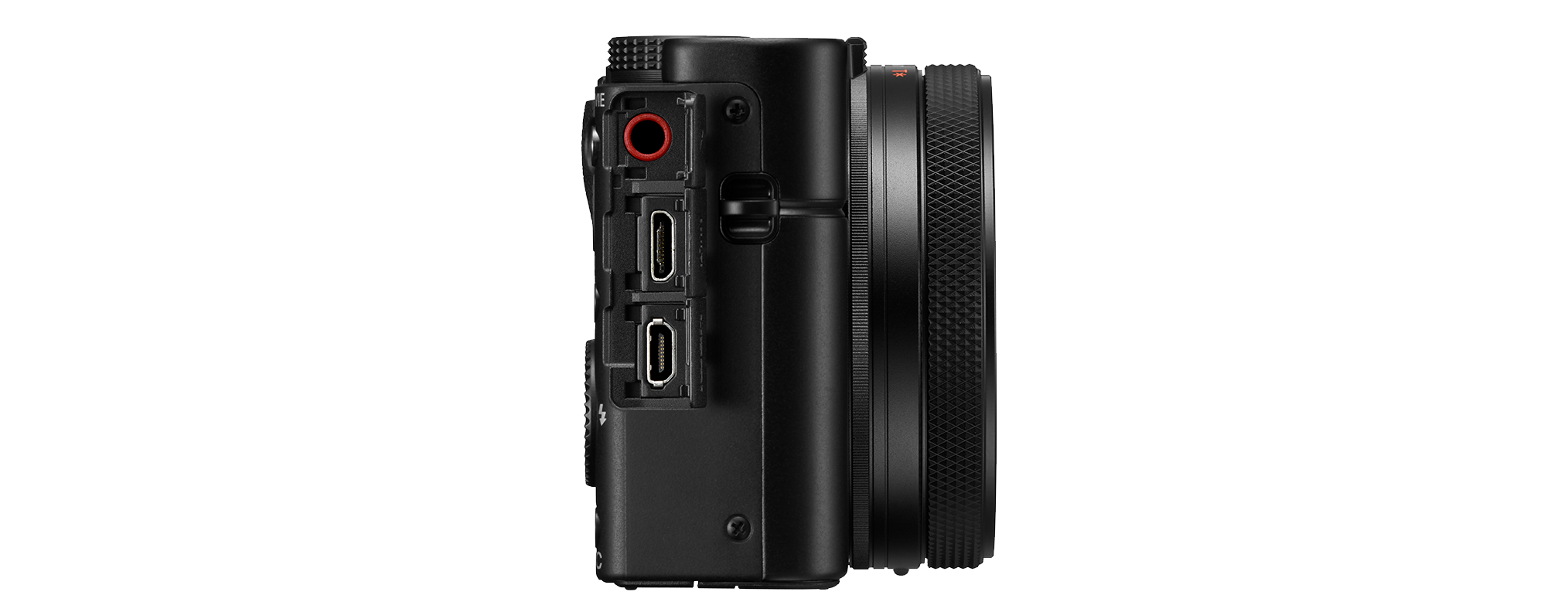 Black camera side view, showing ports and a control wheel.