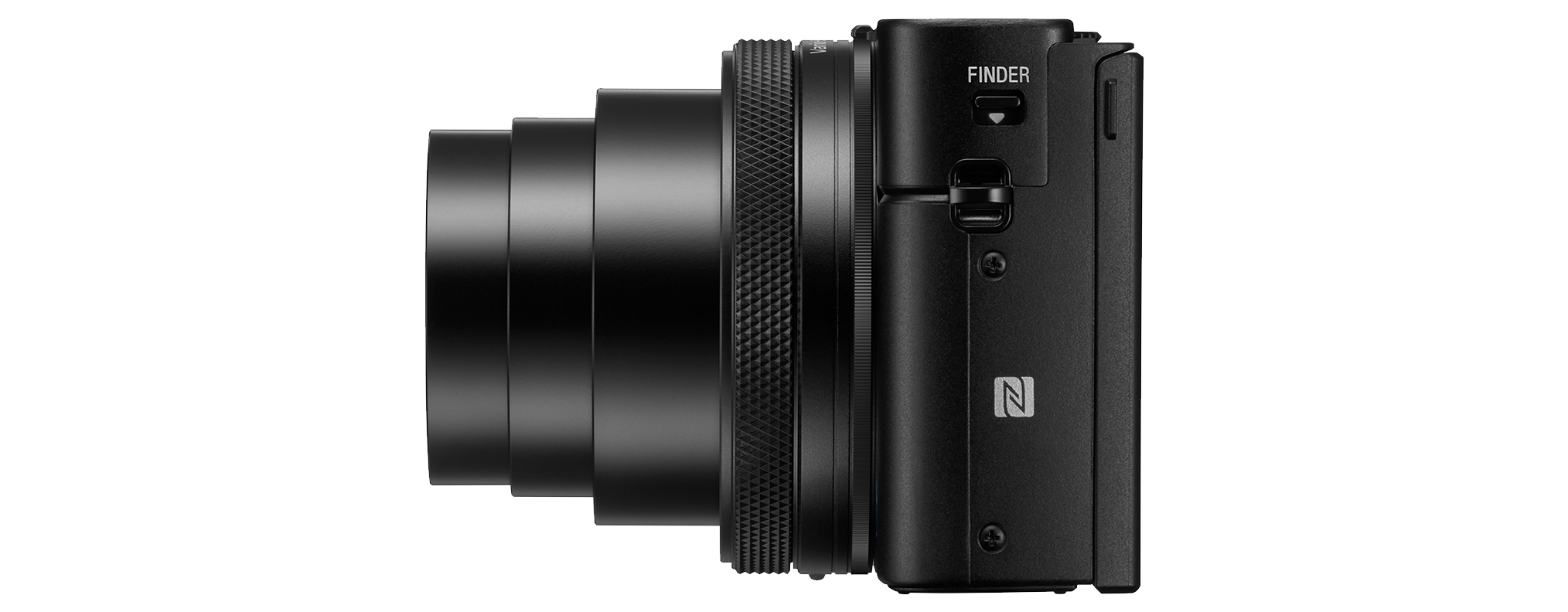 Side view of a black camera with a lens extended.