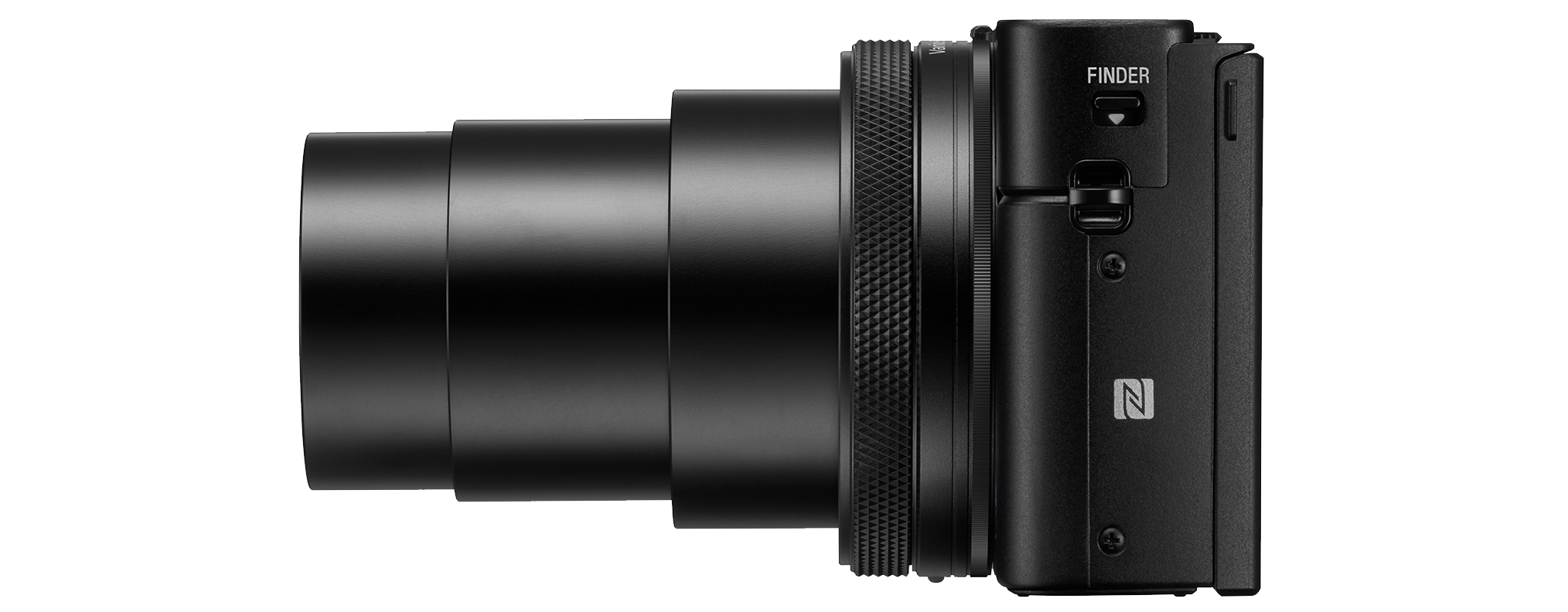 Black camera with a lens and a finder, side view, on a black background.