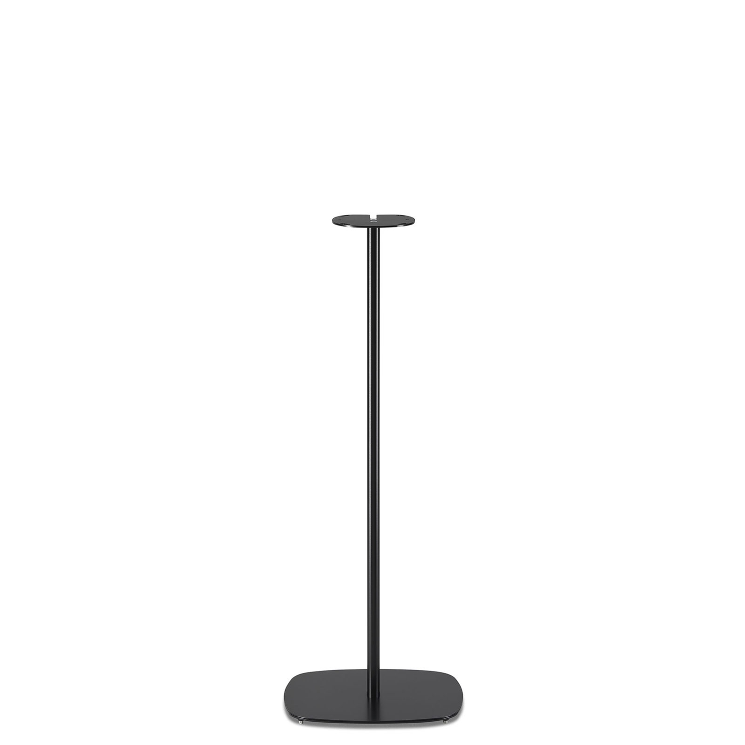 Black, tall speaker stand. Rounded top and base. White background.