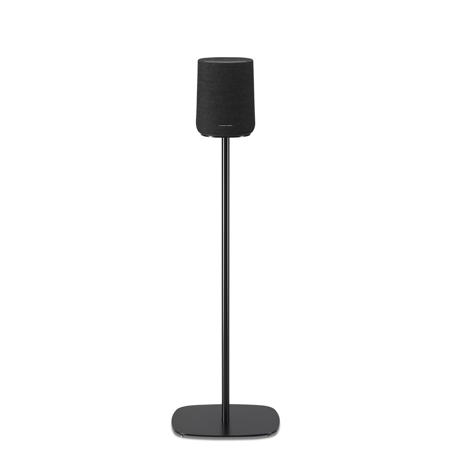 A tall black speaker on a black stand with a square base.