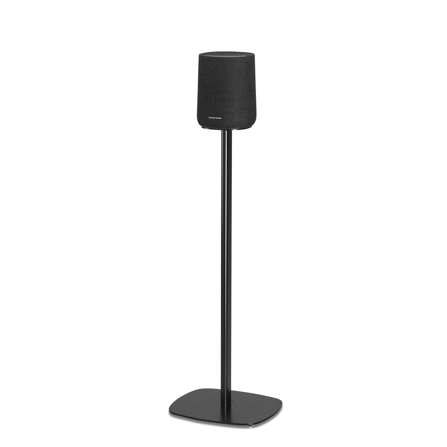 Black speaker on a black stand. The stand has a square base. White background.