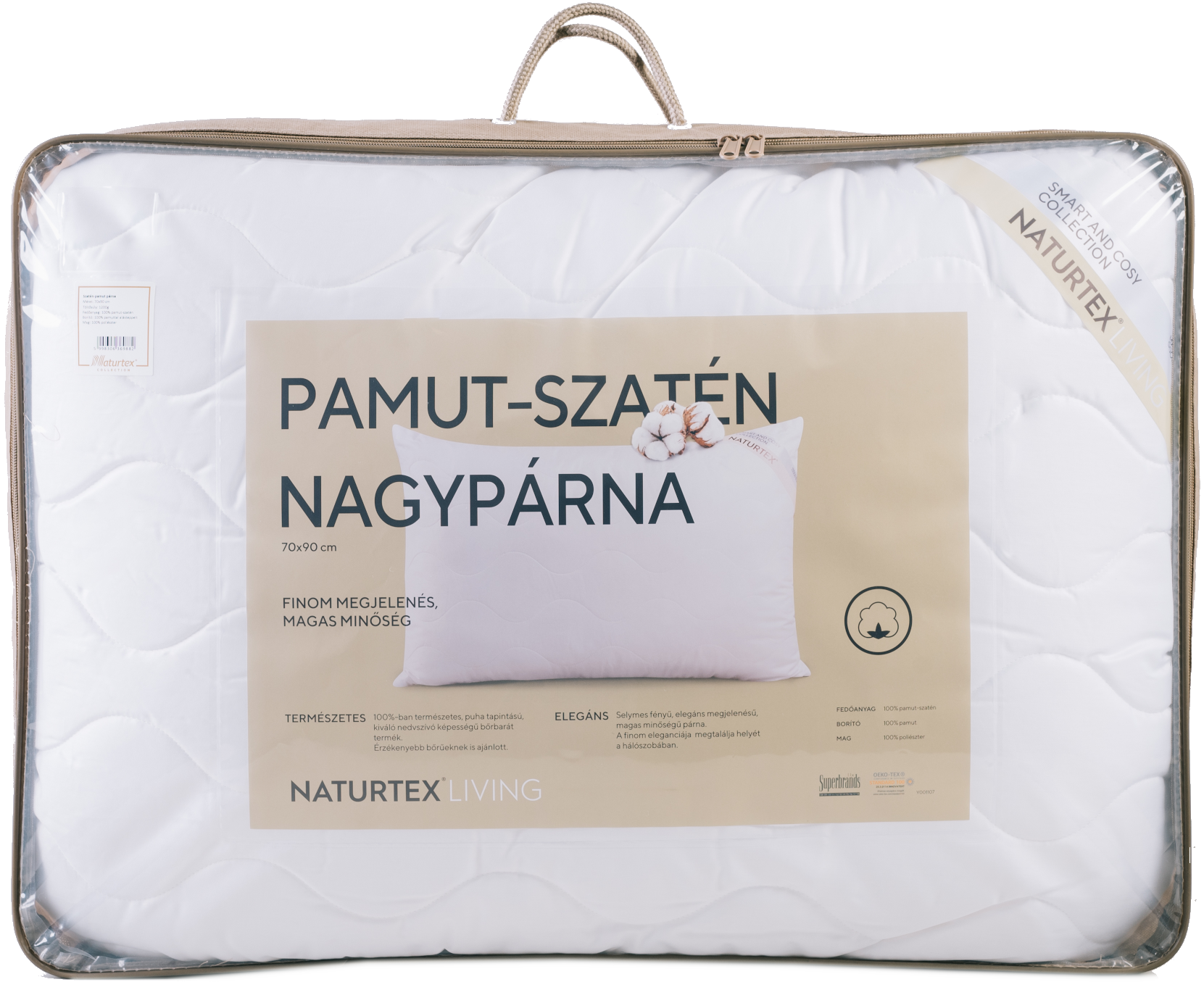Párna átlátszó műanyag zacskóban felirattal és címkével, fehér háttéren.