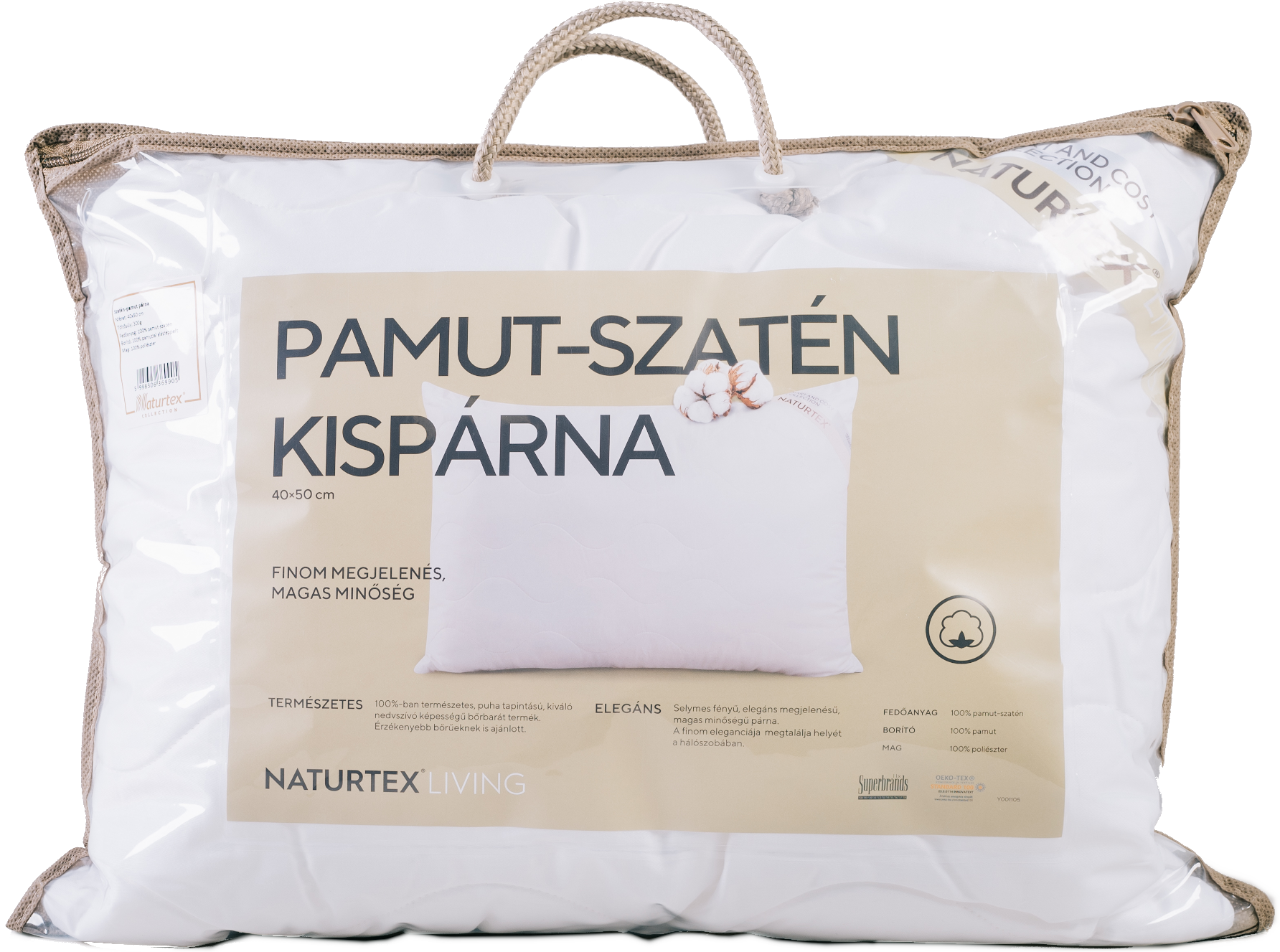 Fehér párna átlátszó műanyag zacskóban, magyar nyelvű szöveggel és pamut szimbólummal.