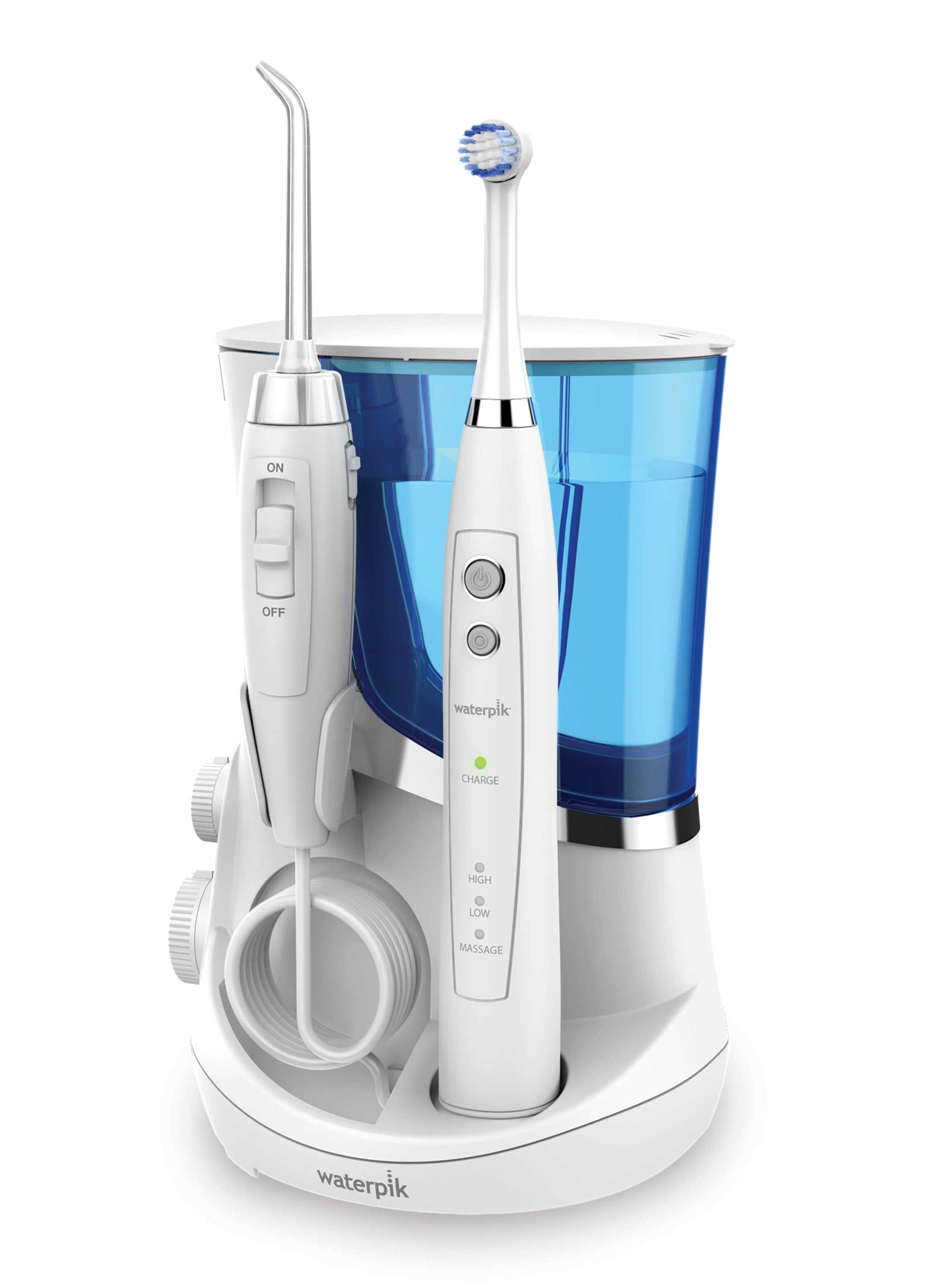 Ein weißes Waterpik-Zahnreinigungssystem. Es umfasst eine Wasser-Zahnseide und eine elektrische Zahnbürste. Das Wasserreservoir ist blau.