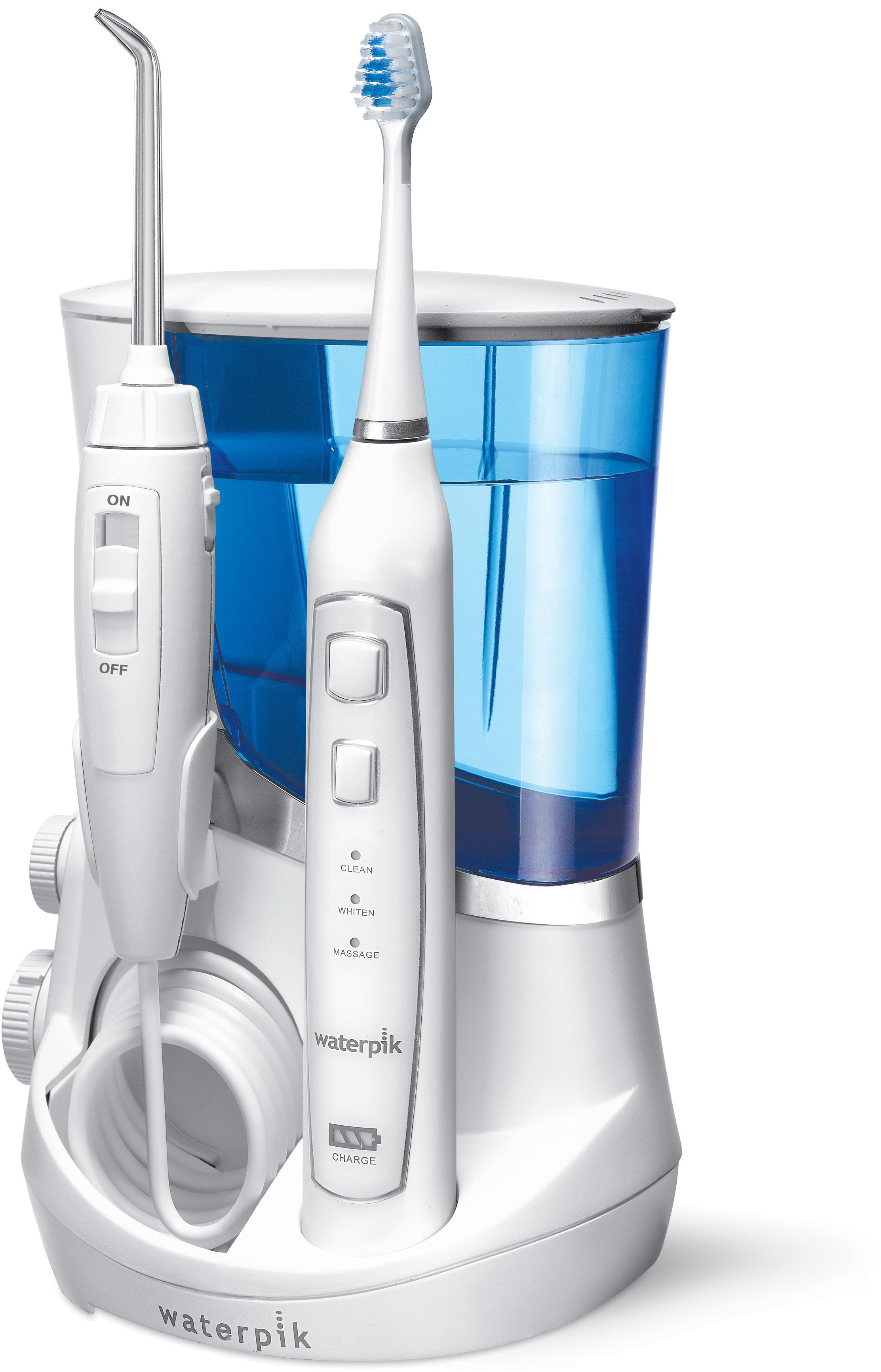 Weißes Waterpik Zahnpflegesystem. Enthält einen Flosser und eine elektrische Zahnbürste.
