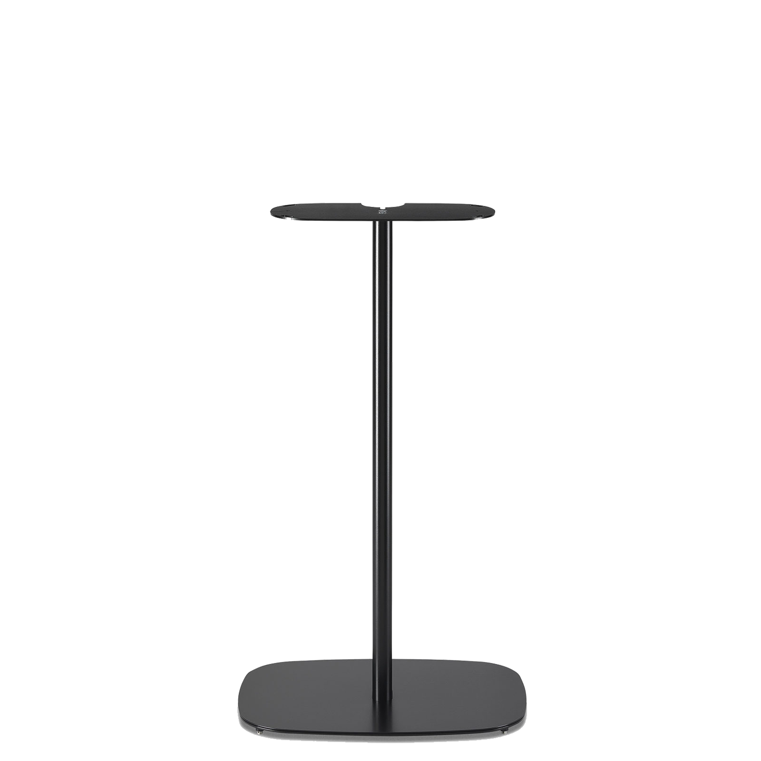 Zwarte hoofdtelefoonstandaard met een voet, een paal en een cirkelvormige bovenkant.