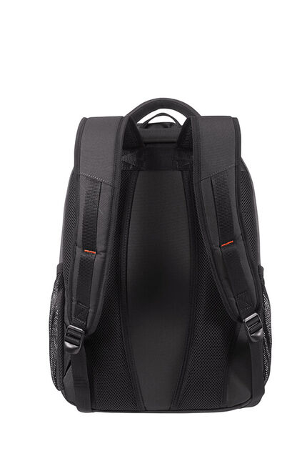 Fekete Samsonite hátizsák, hátulról. Párnázott háttal és vállpántokkal. Hálós oldalzsebekkel és fogantyúval.