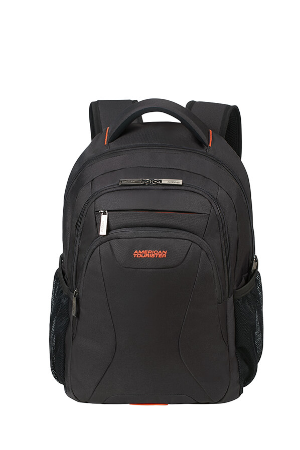 Fekete American Tourister hátizsák narancssárga részletekkel és oldalsó zsebekkel.