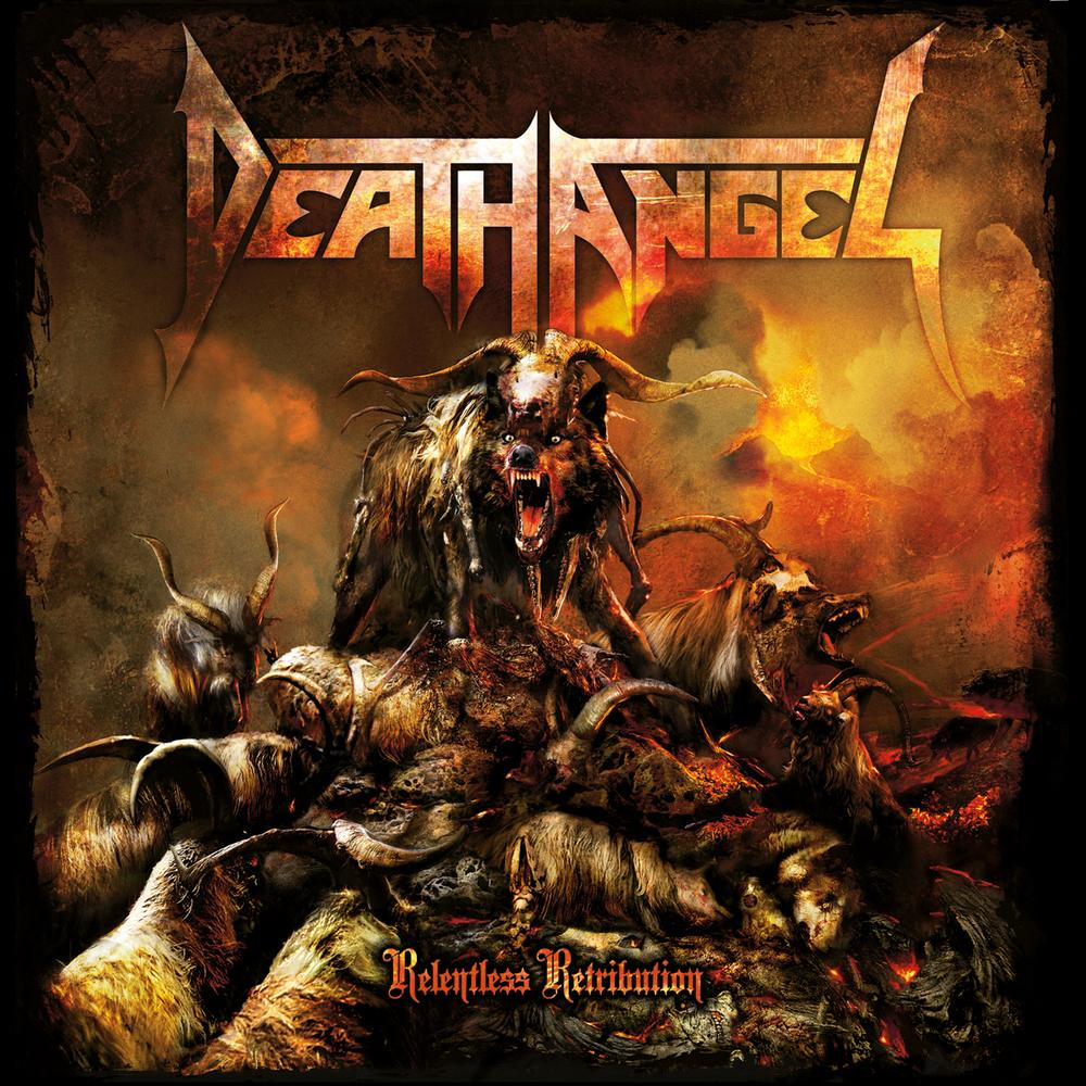 Album borító démon-szerű figurával és koponyákkal. A cím: "Death Angel - Relentless Retribution".
