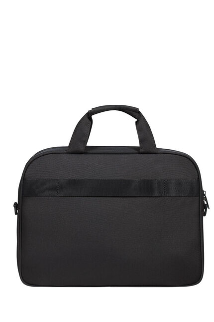Fekete Samsonite bőrönd fogantyúval és középen egy pánttal, izolálva.