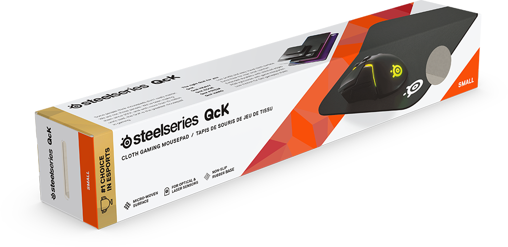 Egy gamer egérpad doboz egér illusztrációval, fekete és narancssárga színekkel.