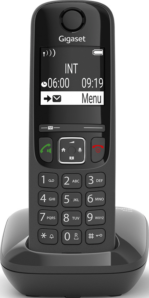 Schwarzes Gigaset-Schnurlostelefon auf einer Ladestation. Das Telefon hat ein Display mit Uhrzeit und eine Tastatur mit Ziffern und Symbolen.
