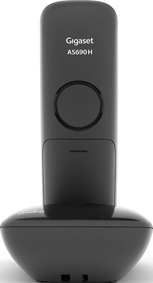 Ein schwarzes Gigaset AS690H Schnurlostelefon auf einer schwarzen Basis. Das Telefon hat einen runden Knopf und einen kleinen Bildschirmbereich.