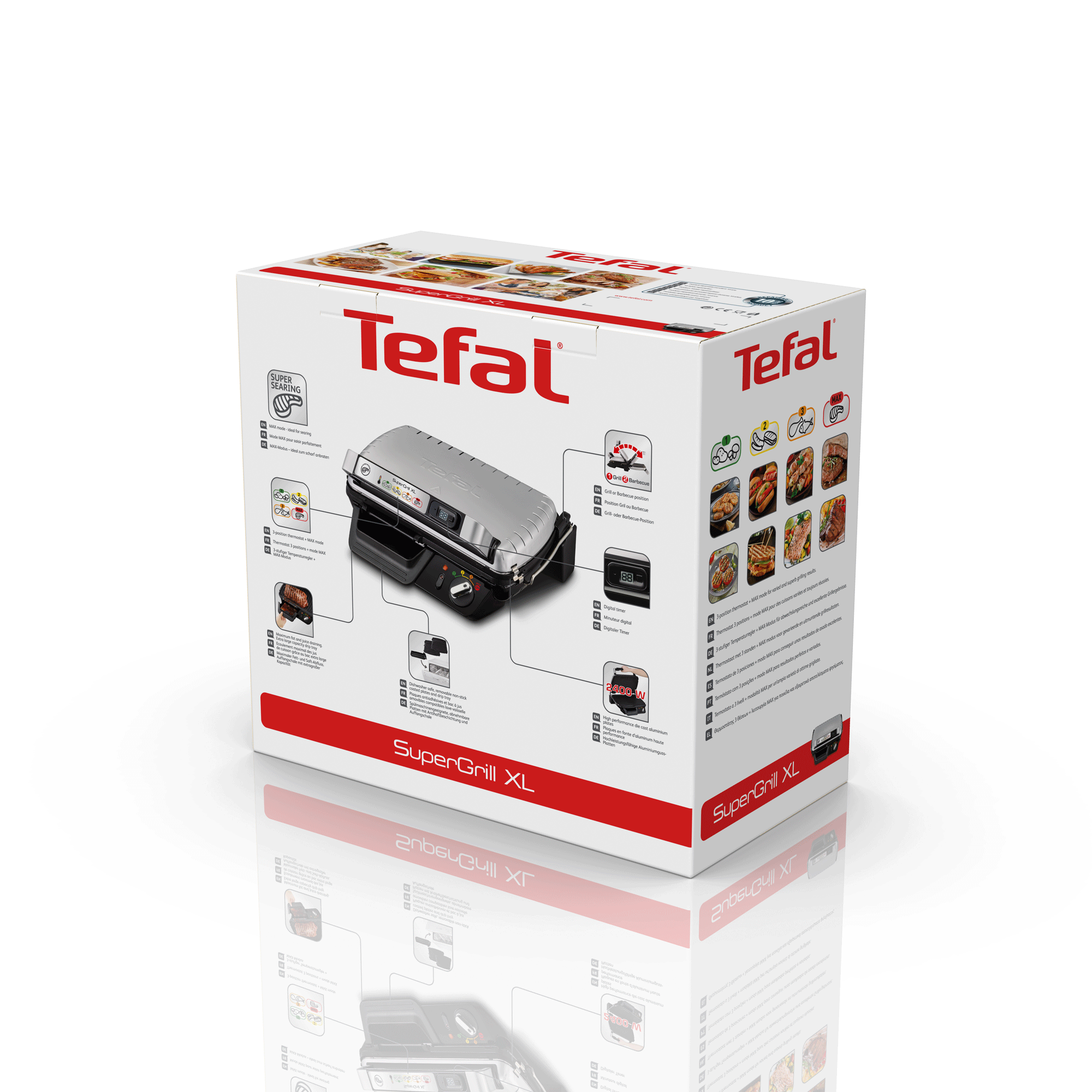 A Tefal SuperGrill XL box, showing the grill and pictures of cooked food items.
