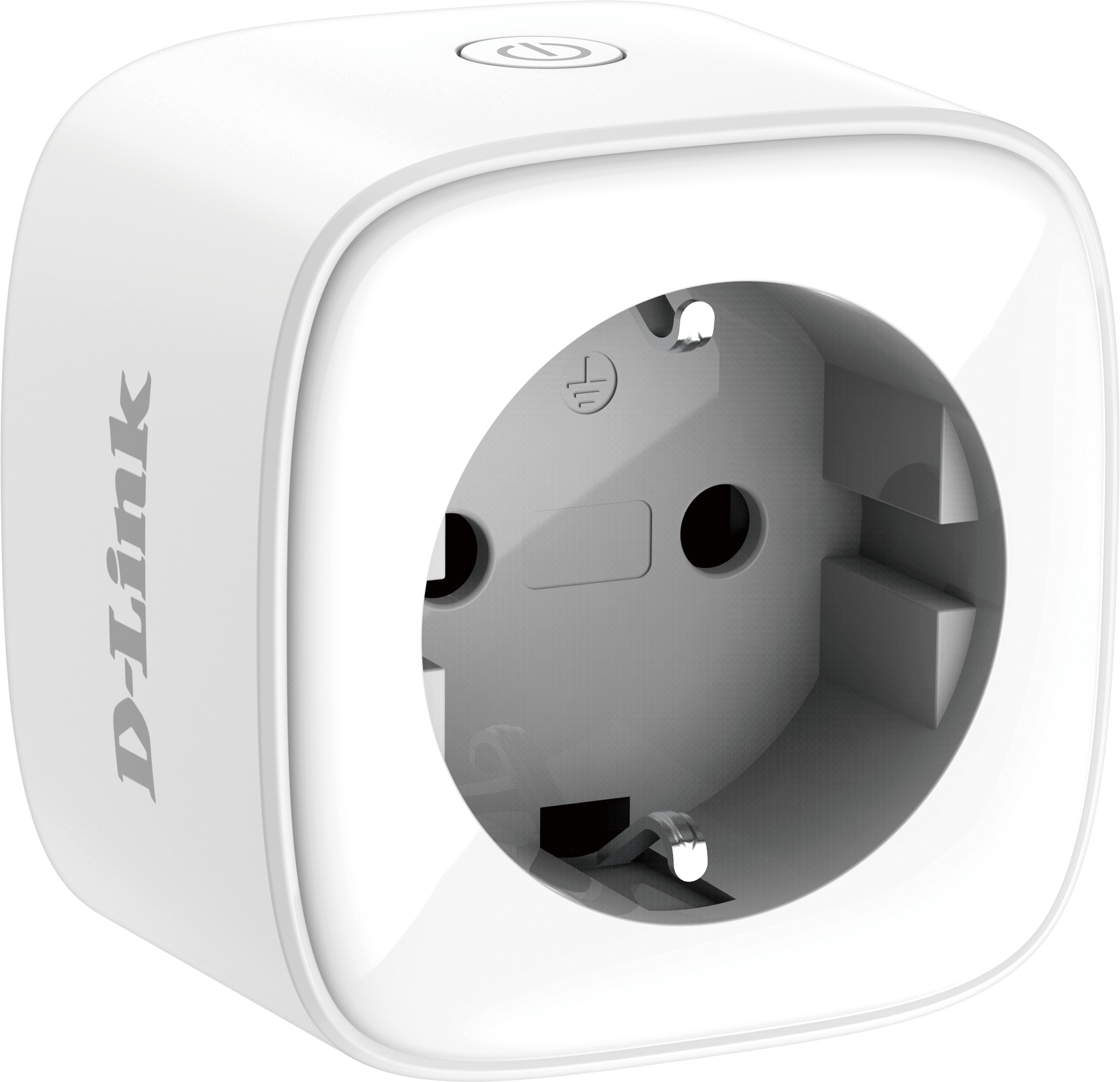 Ein weißer D-Link Smart Plug mit einer Steckdose. Oben befindet sich ein Ein-Aus-Schalter.