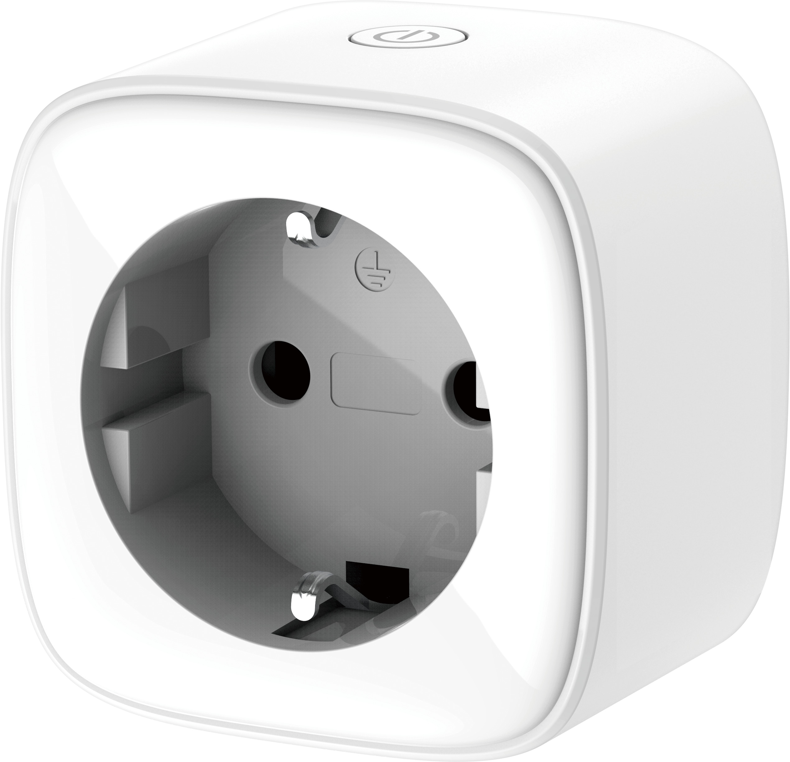 Ein weißer Smart-Stecker mit versenkter Steckdose und Ein-/Aus-Taste, auf weißem Hintergrund.