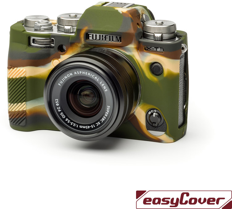 Eine tarnfarbene Kamera mit schwarzem Objektiv. Der Markenname ist Fujifilm.